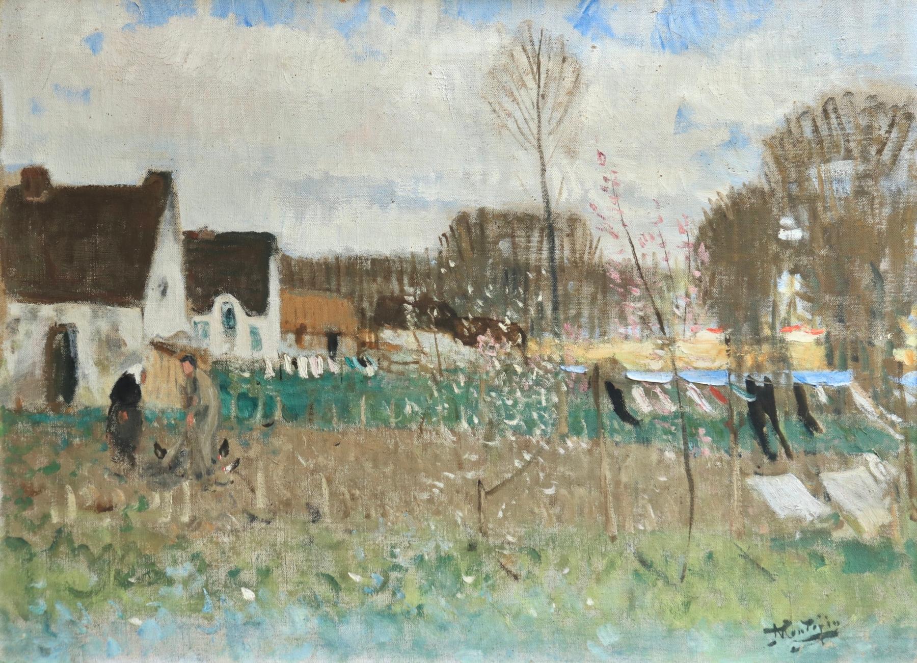 Lavandieres - L'Ile de Fedrun - Post Impressionist Oil, Landscape - P E Montezin - Painting by Pierre Eugene Montezin