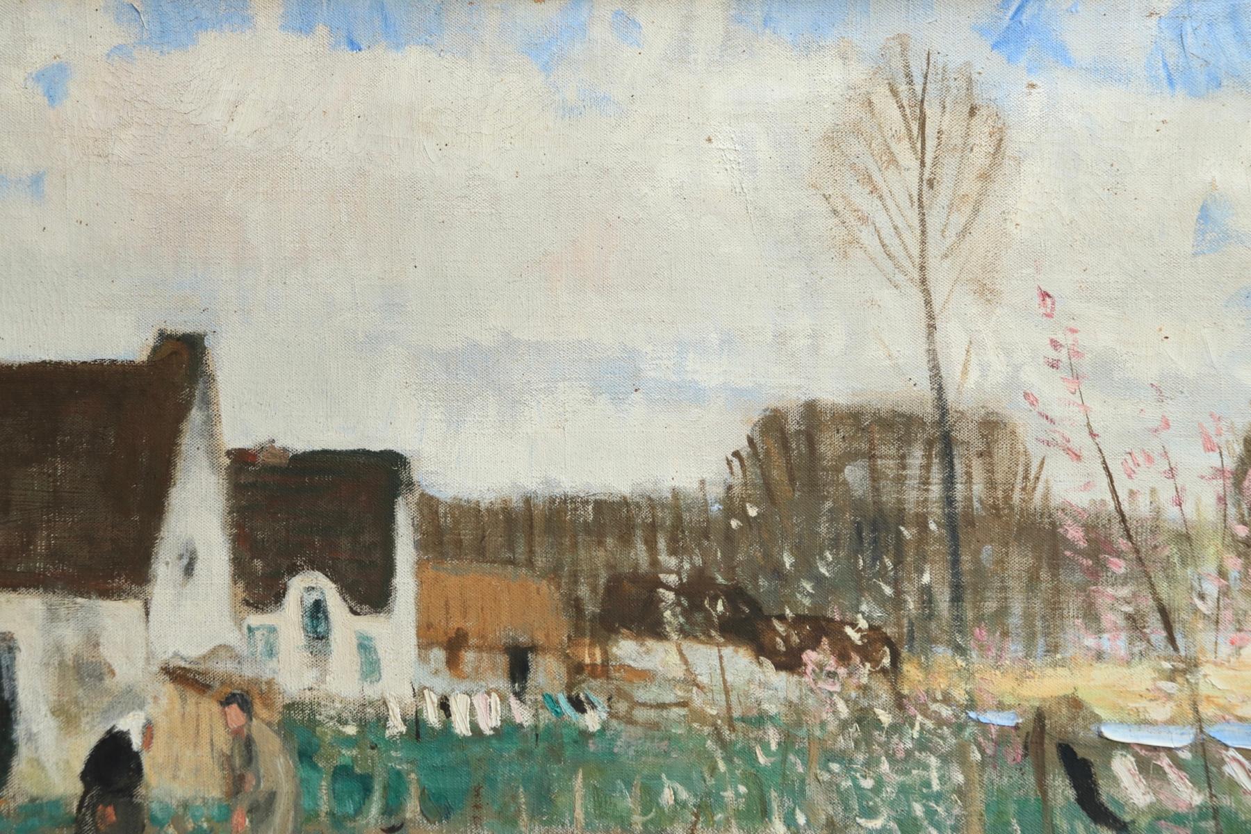 Lavandieres - L'Ile de Fedrun - Post Impressionist Oil, Landscape - P E Montezin - Post-Impressionist Painting by Pierre Eugene Montezin