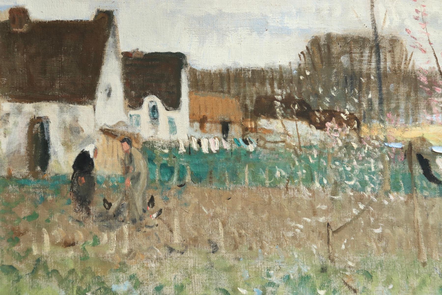 Lavandieres - L'Ile de Fedrun - Post Impressionist Oil, Landscape - P E Montezin - Beige Landscape Painting by Pierre Eugene Montezin