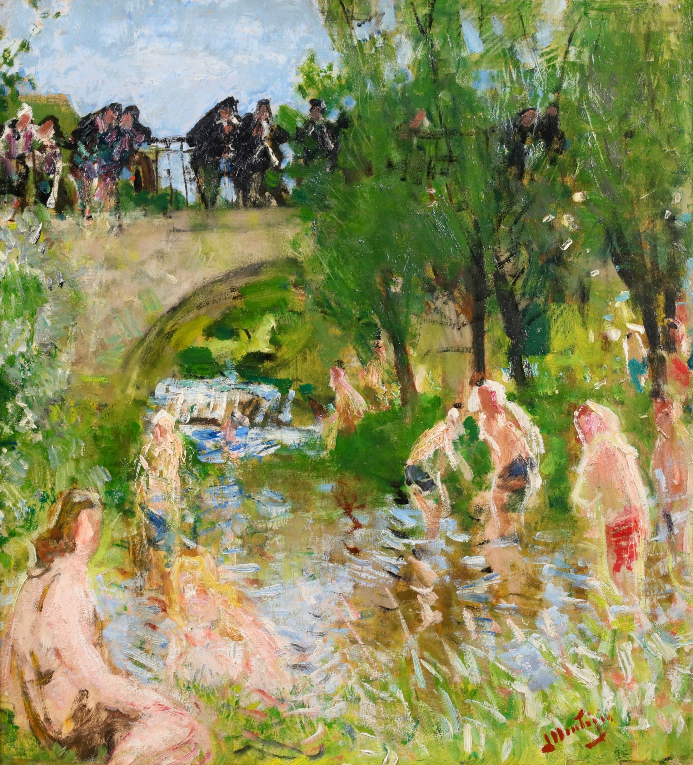 Les Baigneuses – Postimpressionistische Figuren in Landschaft, Öl von Pierre Montezin – Painting von Pierre Eugene Montezin