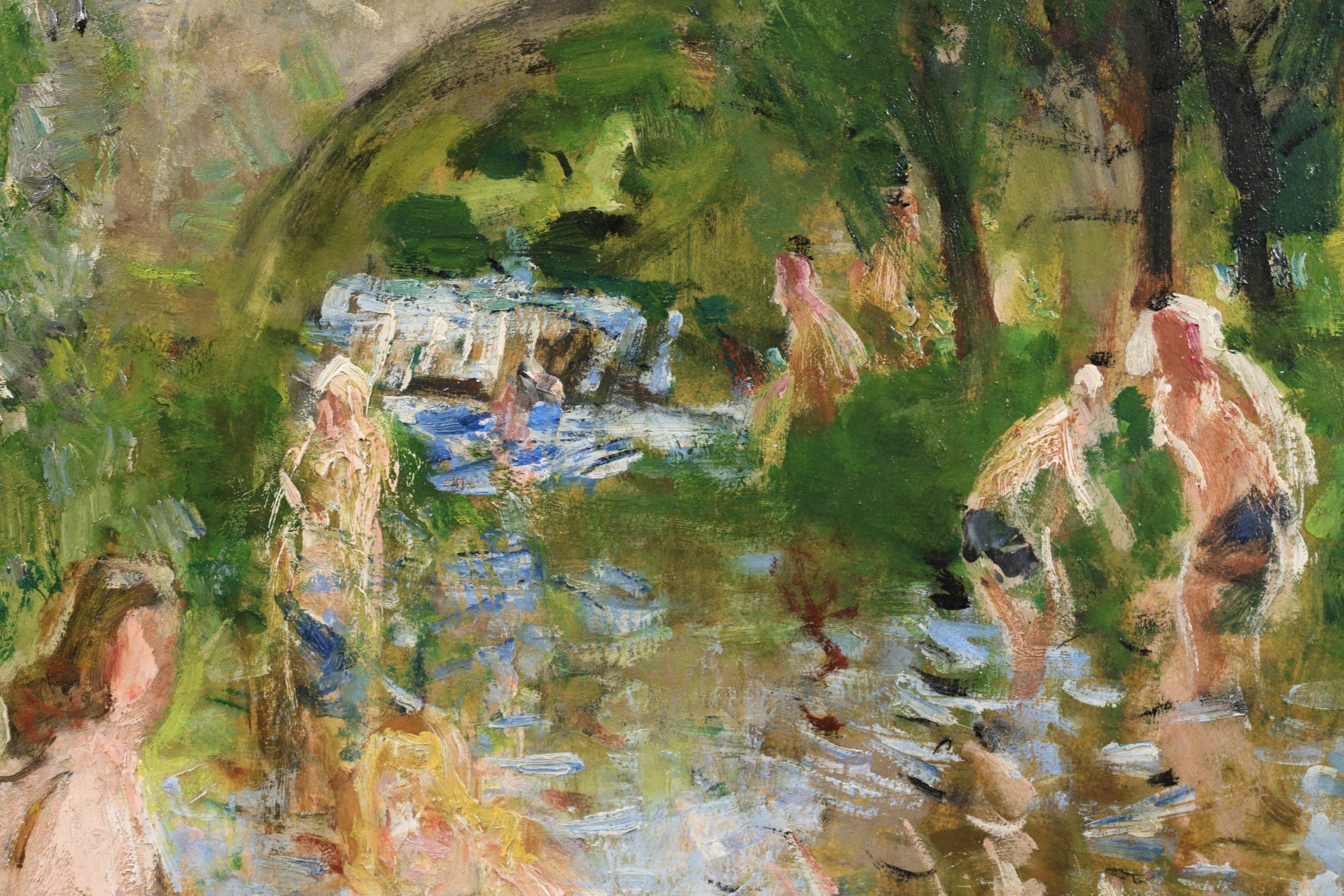 Les Baigneuses – Postimpressionistische Figuren in Landschaft, Öl von Pierre Montezin (Beige), Figurative Painting, von Pierre Eugene Montezin