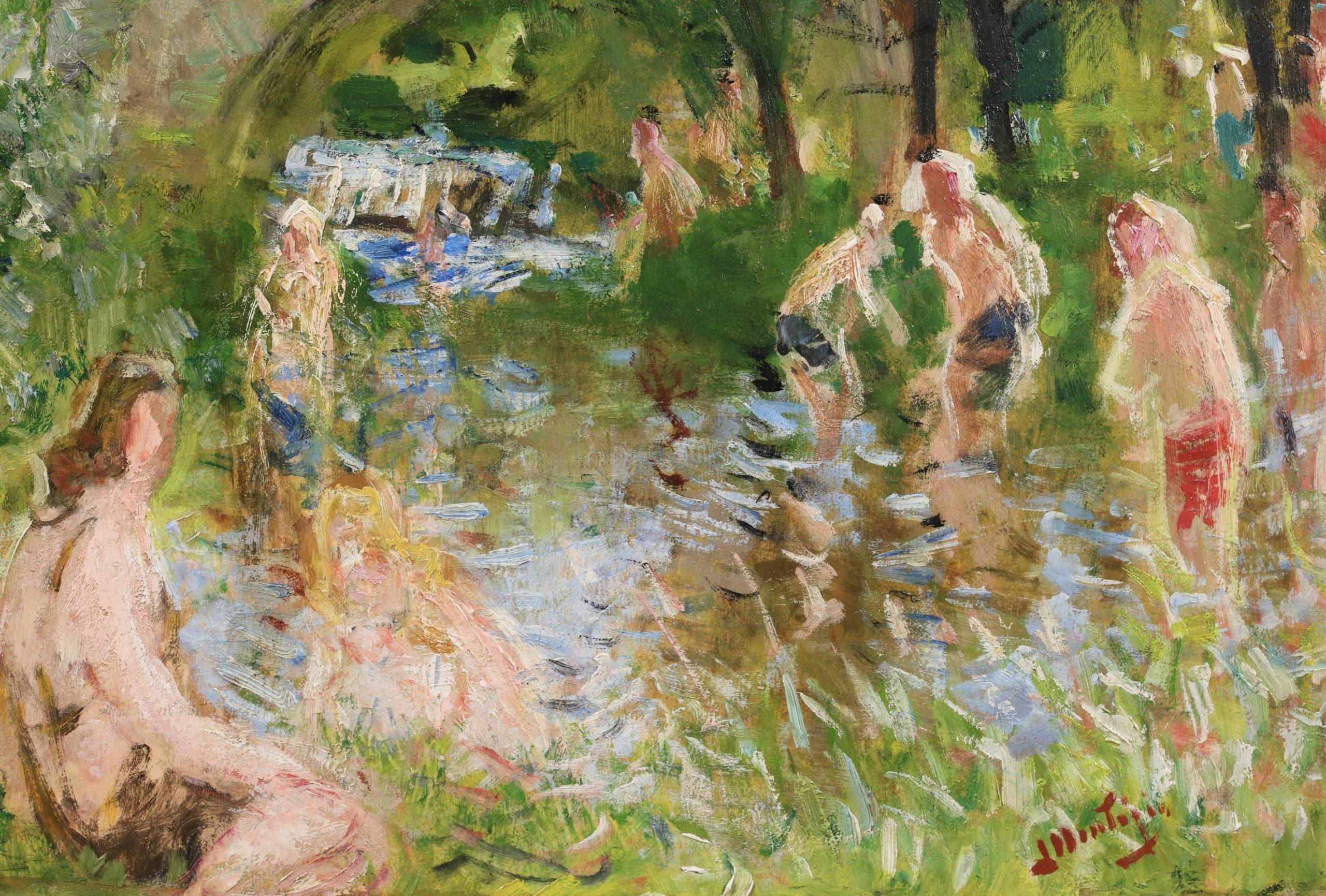 Signierte Öl auf Leinwand Figuren in Flusslandschaft um 1910 von gesucht Französisch impressionistischen Maler Pierre Eugene Montezin. Das Werk zeigt Badende in einem Fluss an einem sonnigen Sommertag, während sich Schaulustige an das