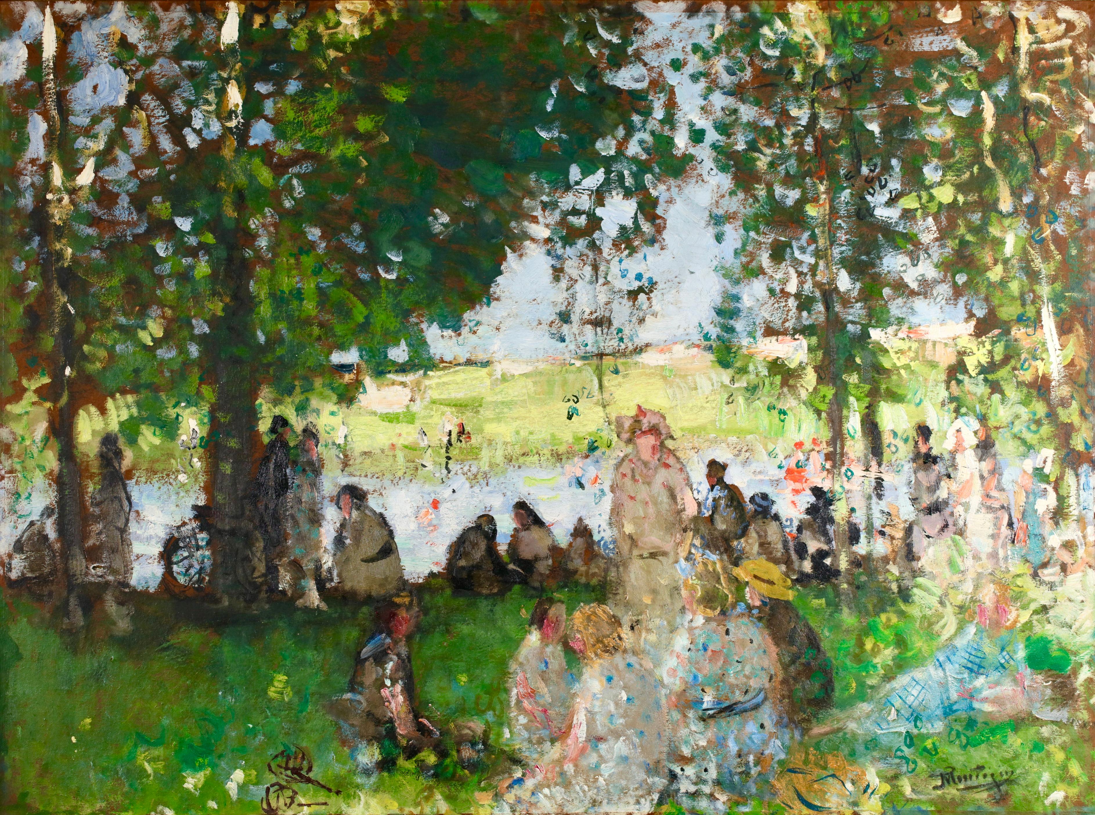 Les Vacances – Postimpressionistische Figuren in Landschaft, Öl von Pierre Montezin – Painting von Pierre Eugene Montezin