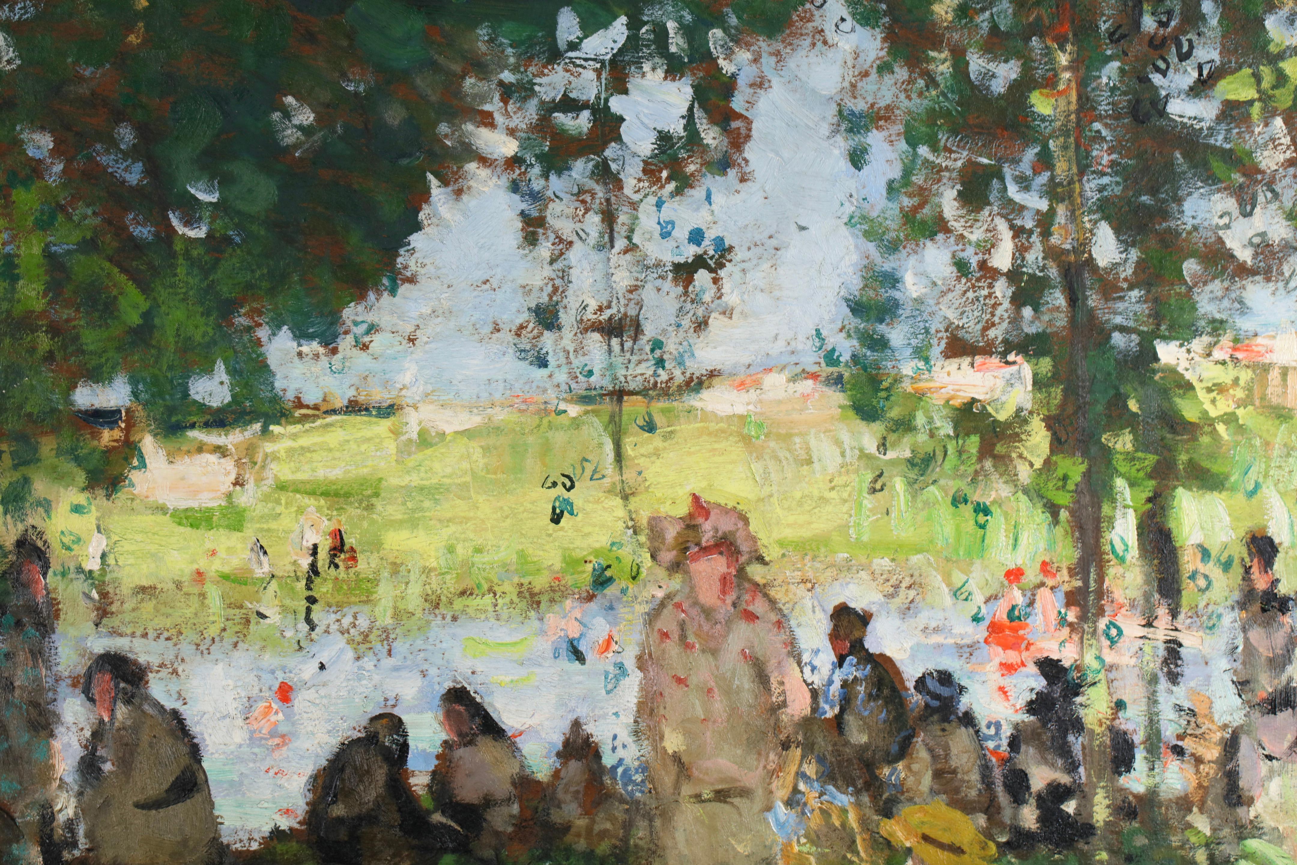 Les Vacances – Postimpressionistische Figuren in Landschaft, Öl von Pierre Montezin (Impressionismus), Painting, von Pierre Eugene Montezin