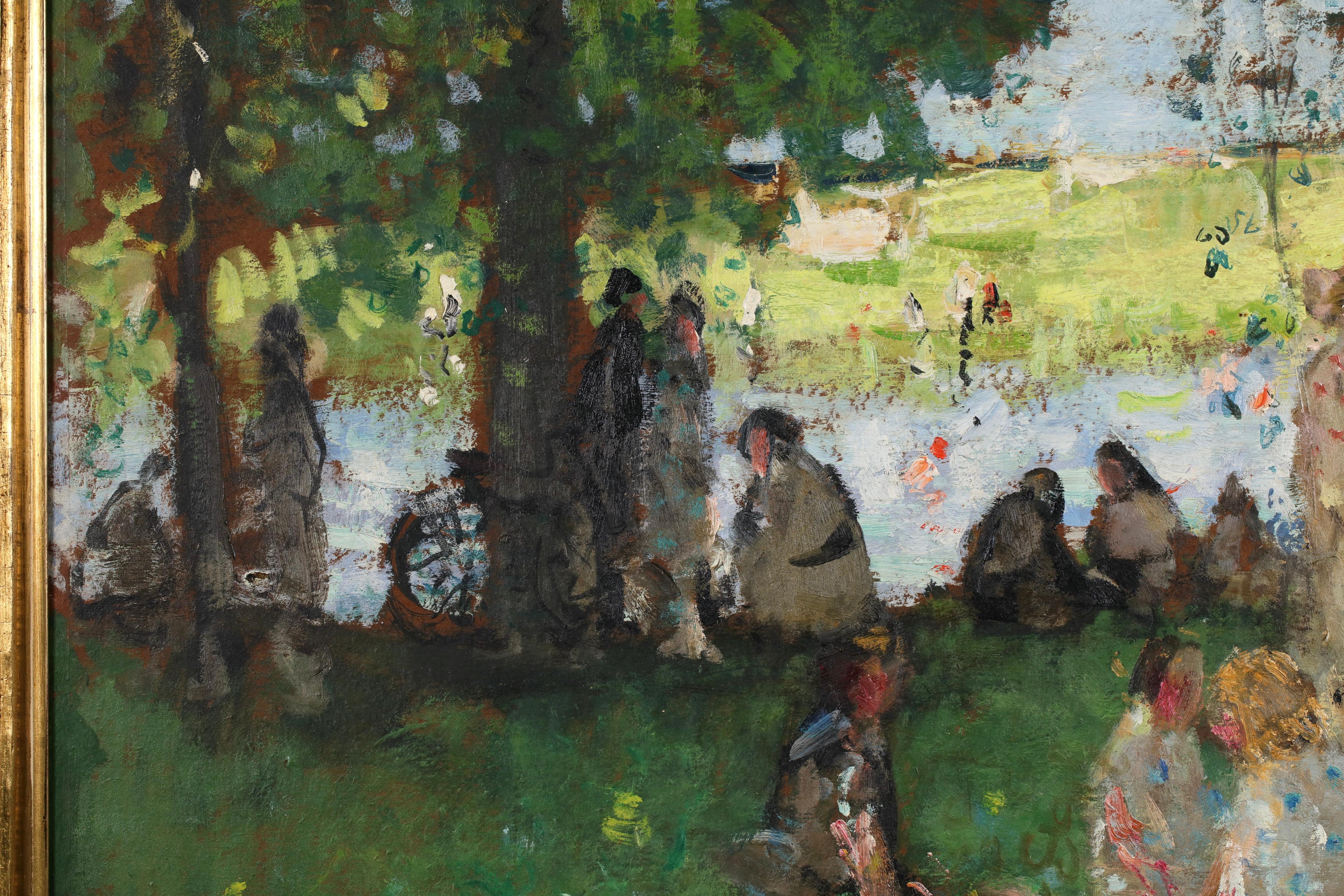 Signierte Öl auf Leinwand Figuren in Flusslandschaft um 1910 von gesucht Französisch impressionistischen Maler Pierre Eugene Montezin. Das Werk zeigt Frauen in Sommerkleidern und Sonnenhüten, die sich an einem Sommertag im Schatten am