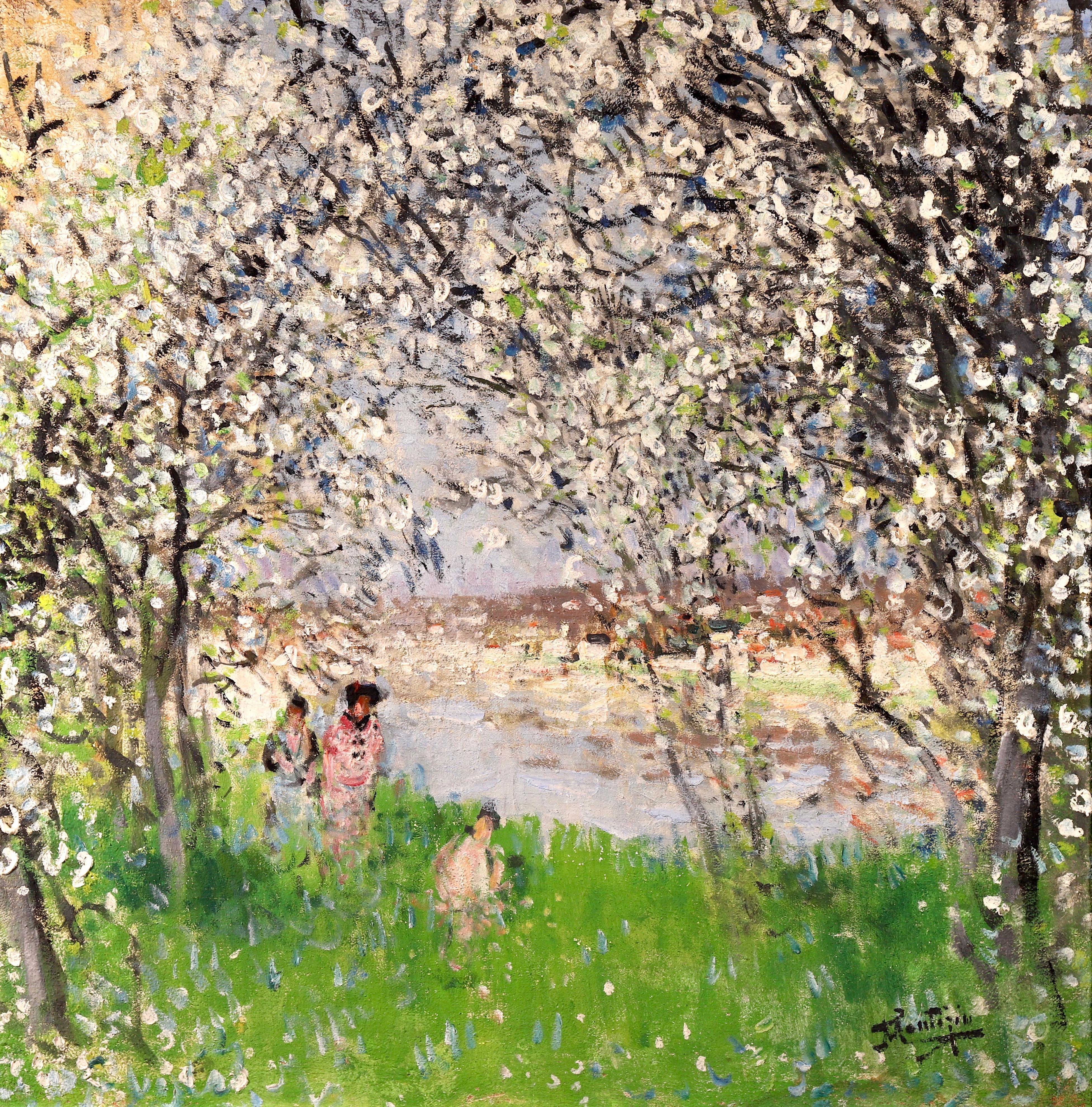 Printemps - Impressionist Oil, Figures under Blossom Trees by Pierre Montezin - Painting by Pierre Eugene Montezin