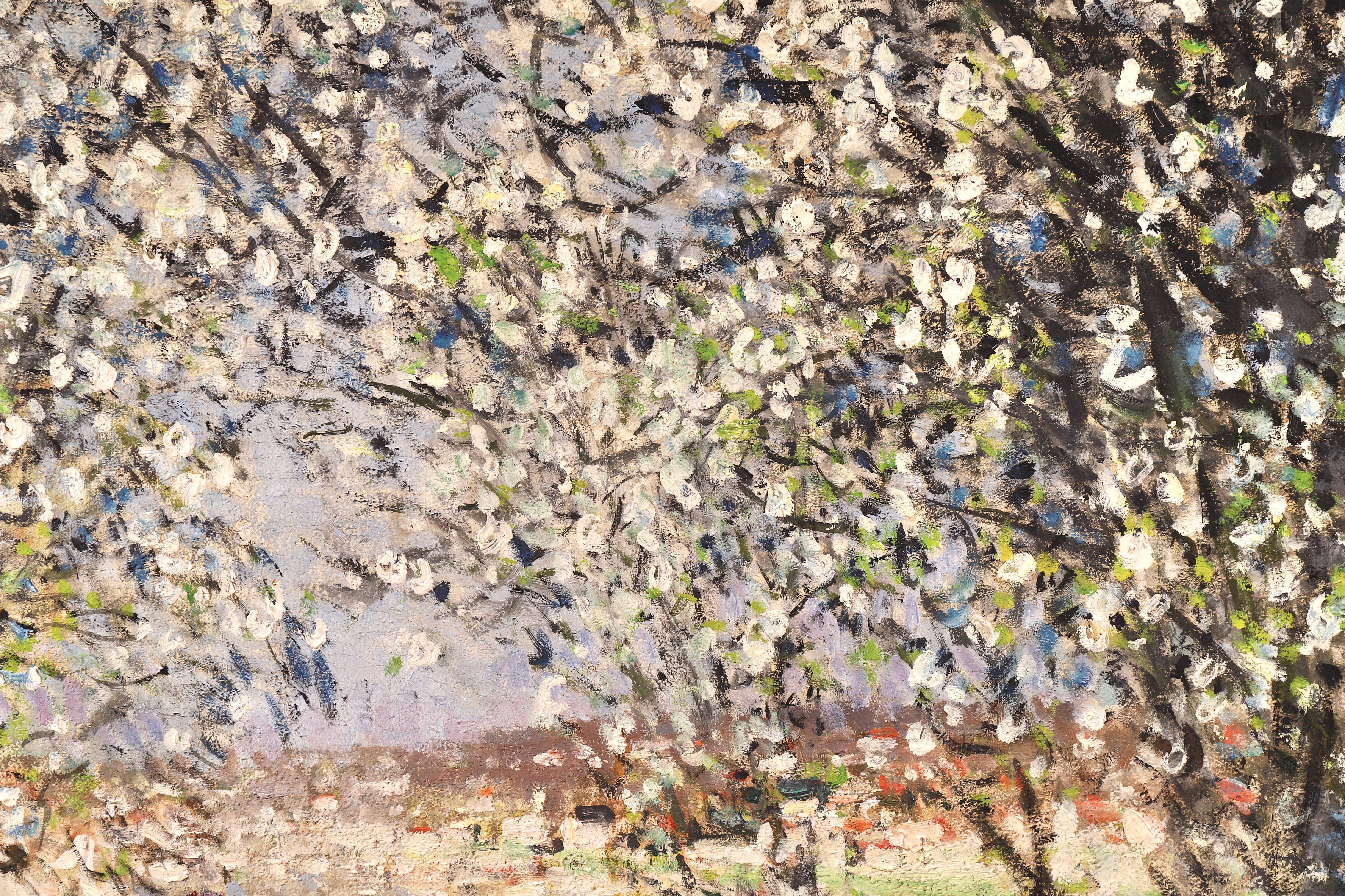 Printemps - Impressionist Oil, Figures under Blossom Trees by Pierre Montezin - Brown Landscape Painting by Pierre Eugene Montezin