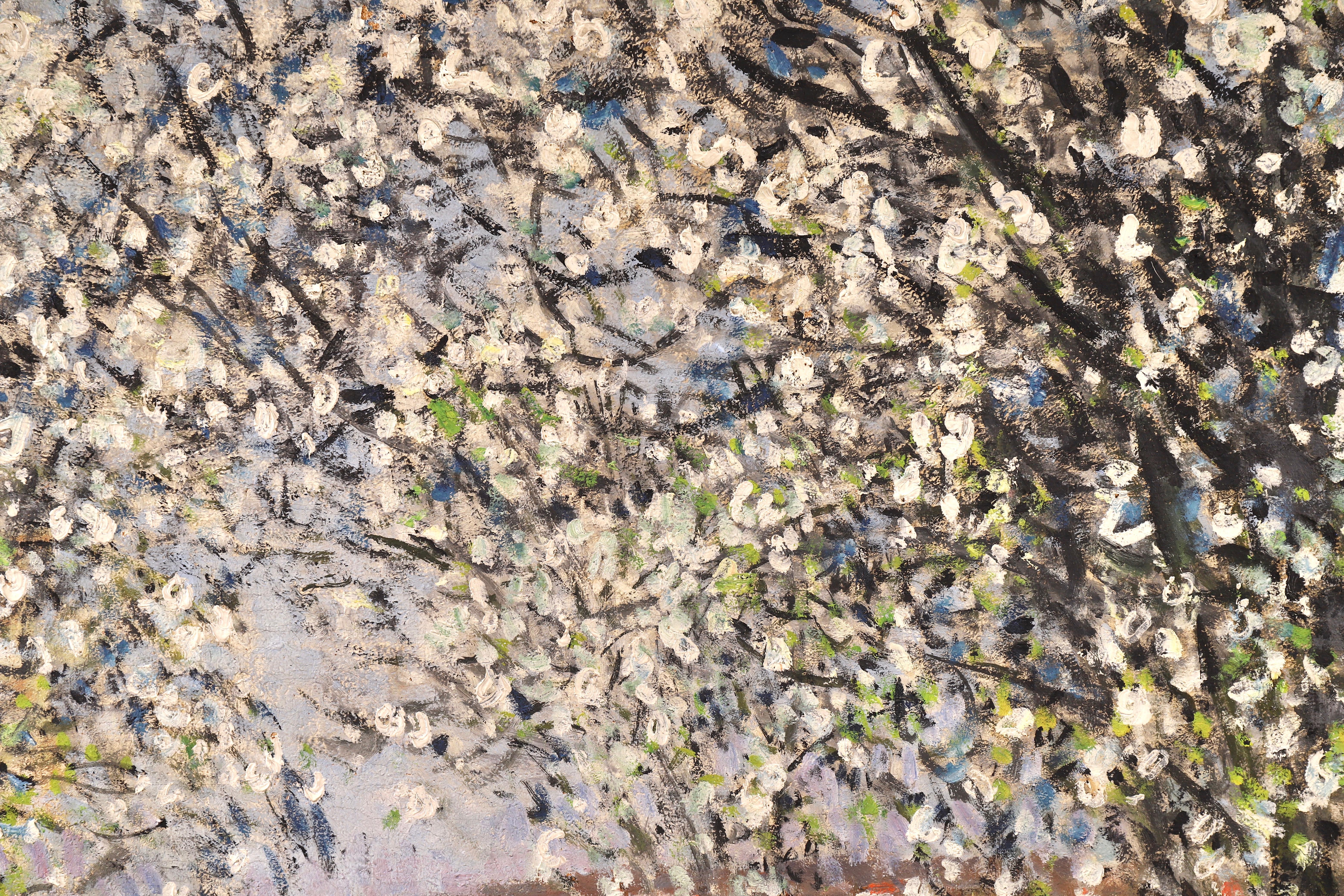 A stunning oil on canvas by French impressionist painter Pierre Eugene Montezin depicting a spring day. Ladies pick flowers at the water's edge beneath the blossom trees with blue skies in the distance. This work is recorded in the archives of the