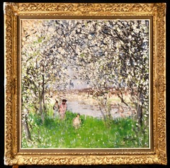 Printemps - Huile impressionniste, figures sous arbres de fleurs de Pierre Montezin