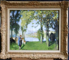 Promenade au bord du Lac, huile du 20e siècle, figure dans un paysage de P E Montezin