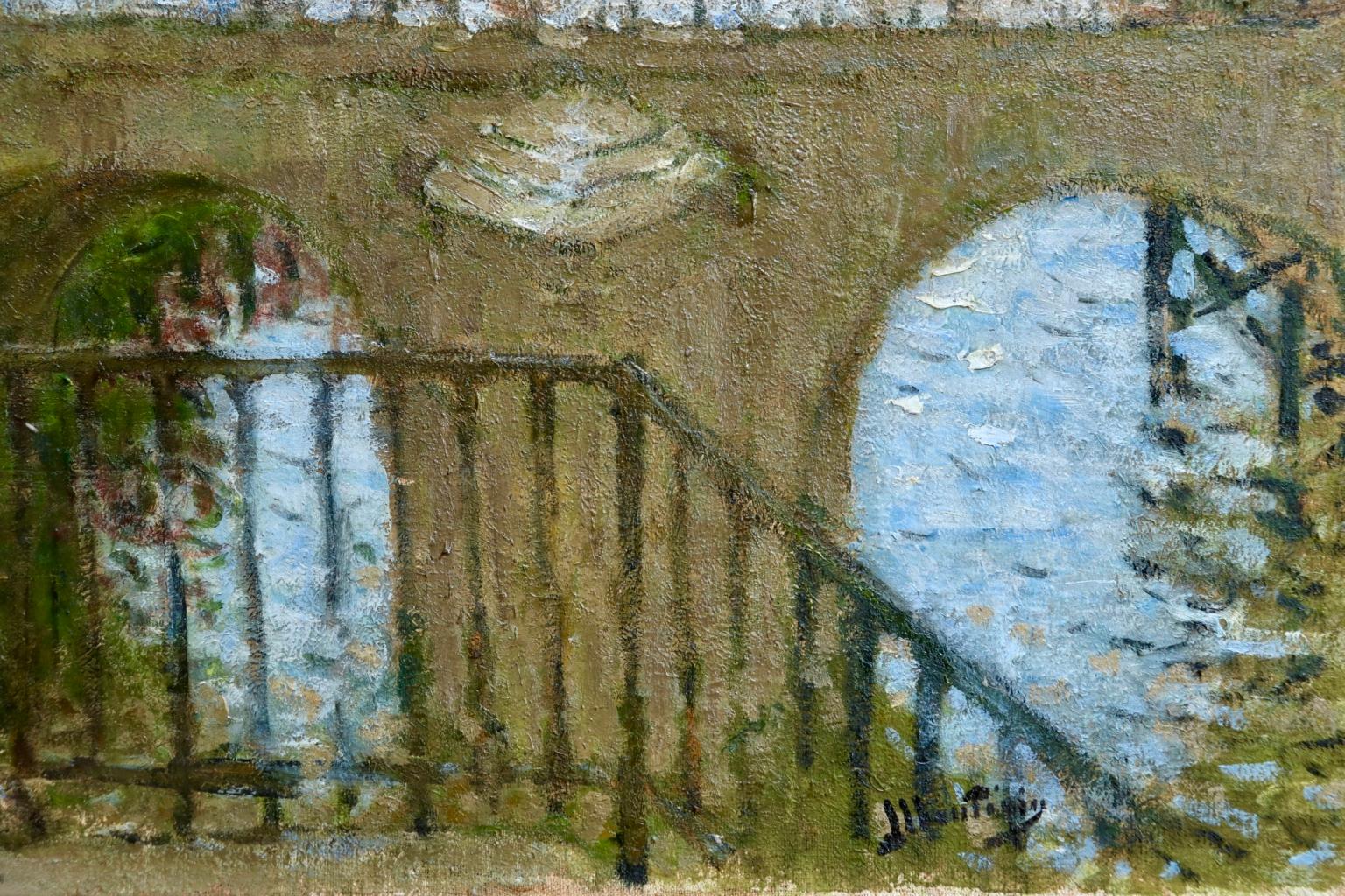 An exceptional oil on canvas circa 1910 by French Impressionist painter Pierre Eugène Montezin depicting figures and a horse & cart on a bridge over the river. Beautifully painted and coloured. The subject of this work was also executed by Alfred