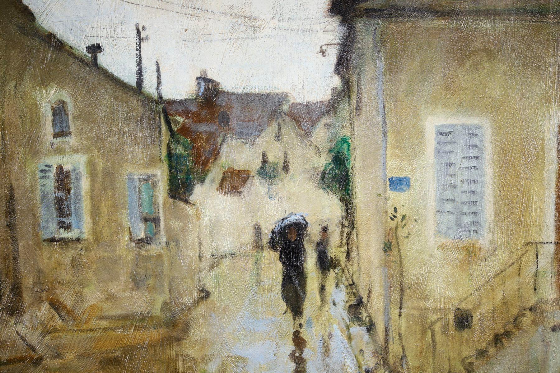 A stunning oil on canvas circa 1910 by sought after French post impressionist painter Pierre Eugène Montezin. The piece depicts a black figure walking along a village street in Saint Mammes between two rows of houses, clutching an umbrella on a