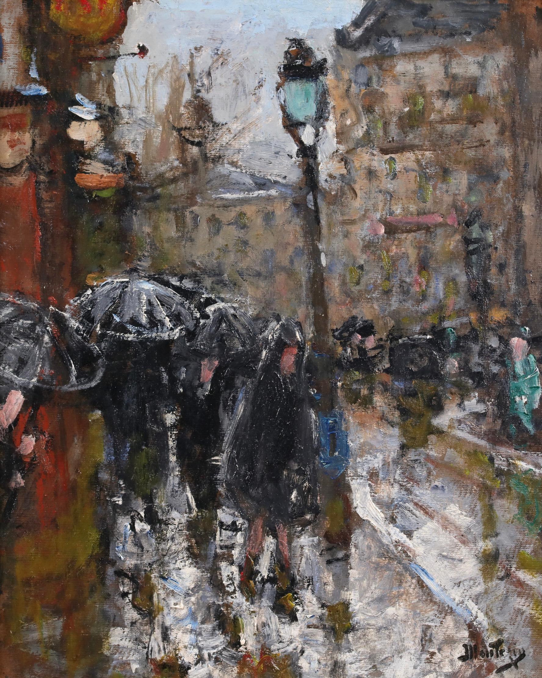 Sotto la pioggia - Olio figurativo post impressionista di Pierre Eugene Montezin in vendita 1