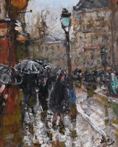 Sous la pluie - Huile figurative post-impressionniste de Pierre Eugene Montezin