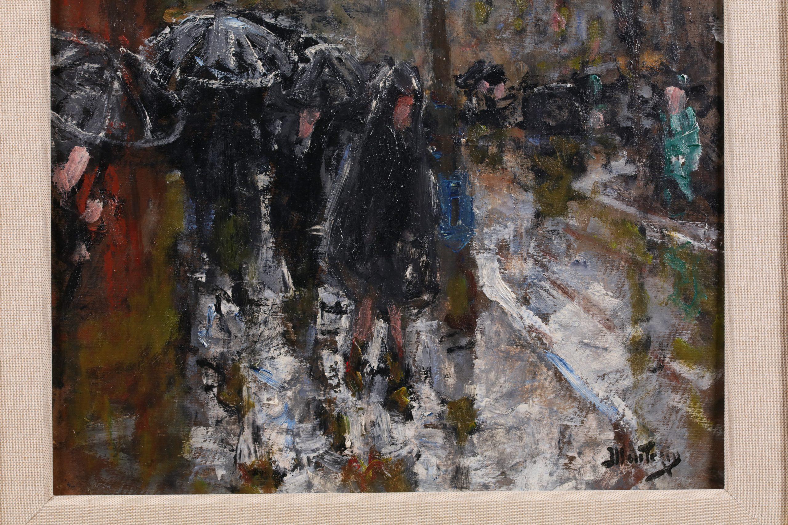 Sotto la pioggia - Olio figurativo post impressionista di Pierre Eugene Montezin in vendita 8