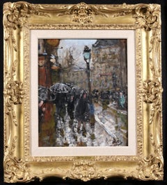 Sotto la pioggia - Olio figurativo post impressionista di Pierre Eugene Montezin