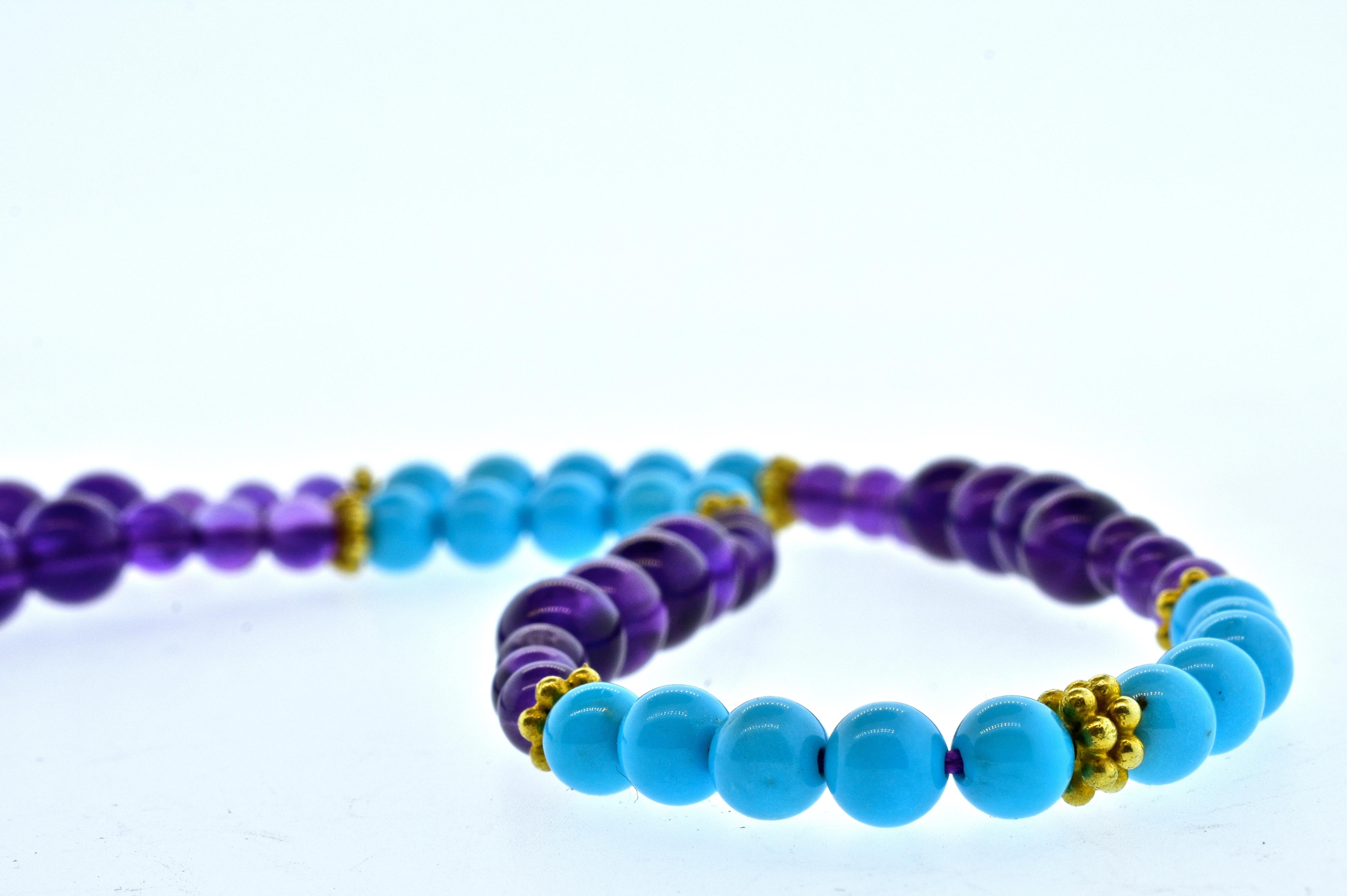 Contemporary Turquoise, Amethyst, and Gold Long Necklace