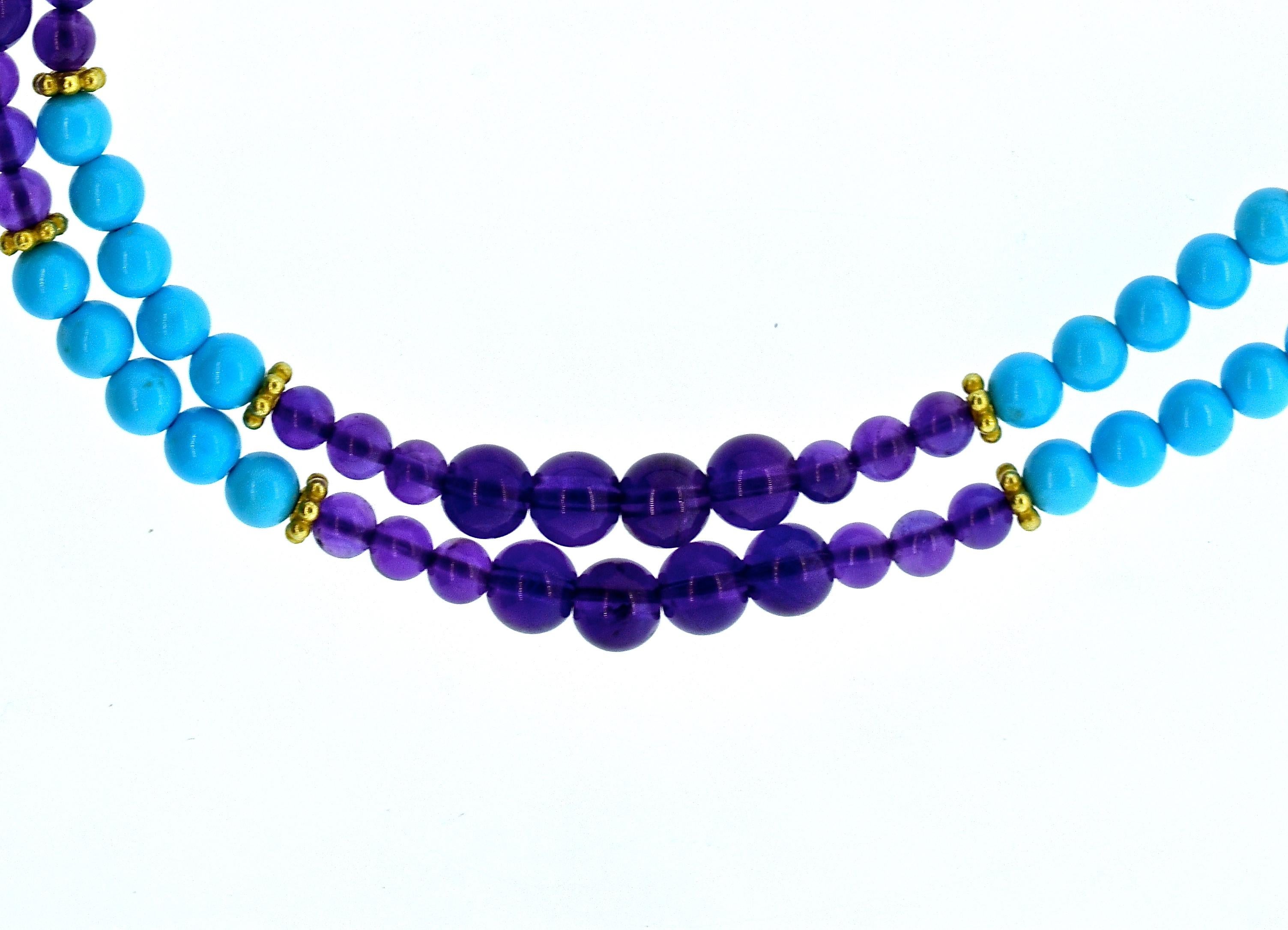 Turquoise, Amethyst, and Gold Long Necklace In New Condition In Aspen, CO