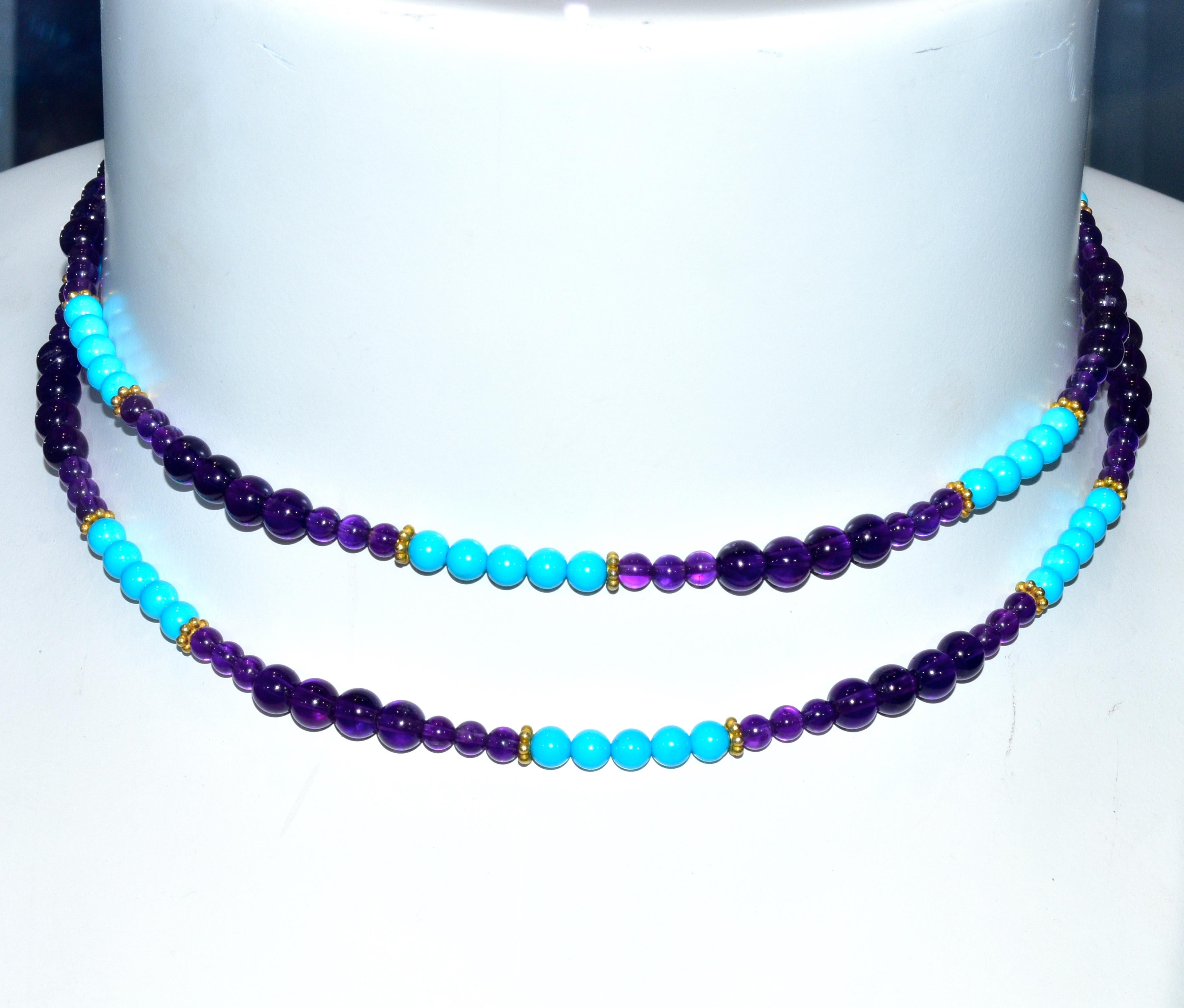 Women's or Men's Turquoise, Amethyst, and Gold Long Necklace
