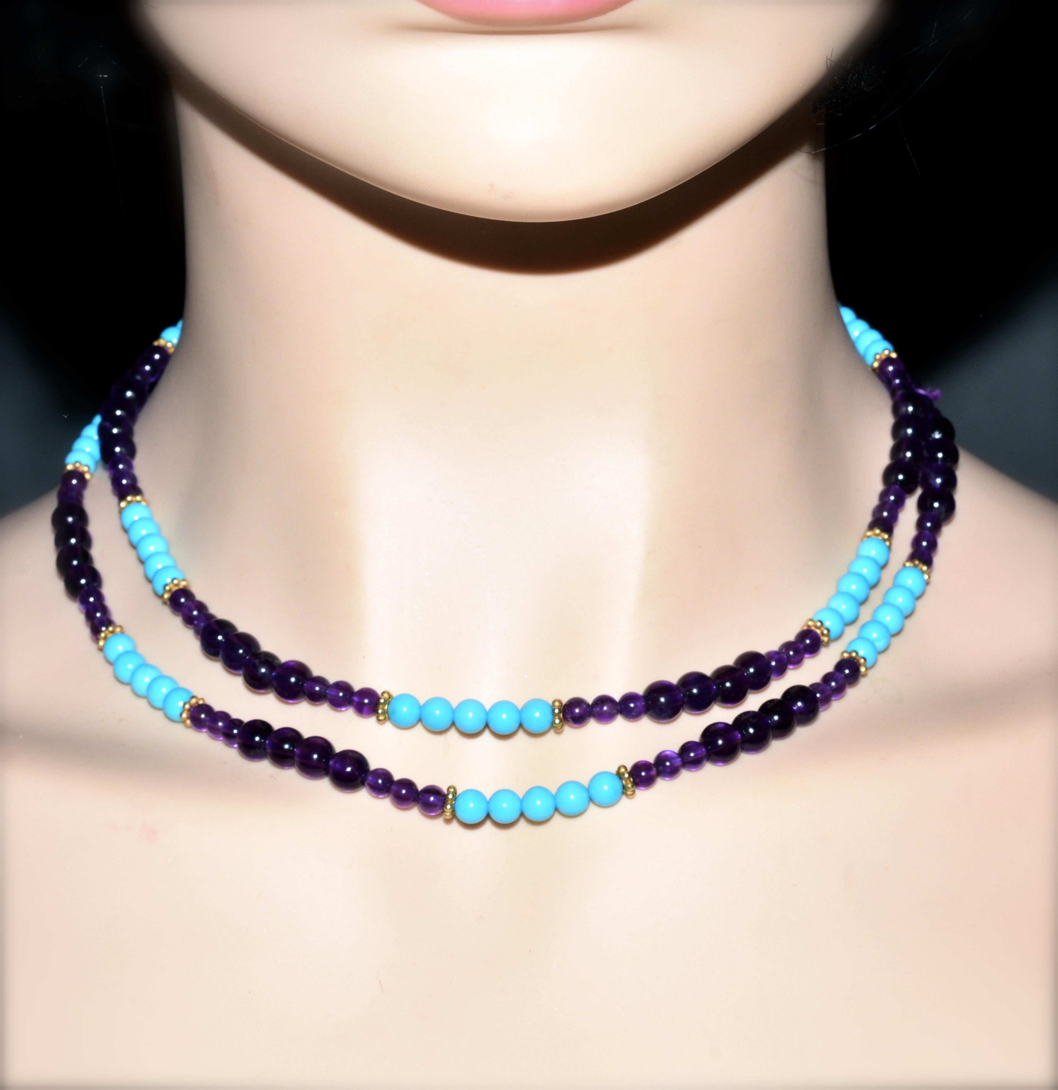 Turquoise, Amethyst, and Gold Long Necklace 1
