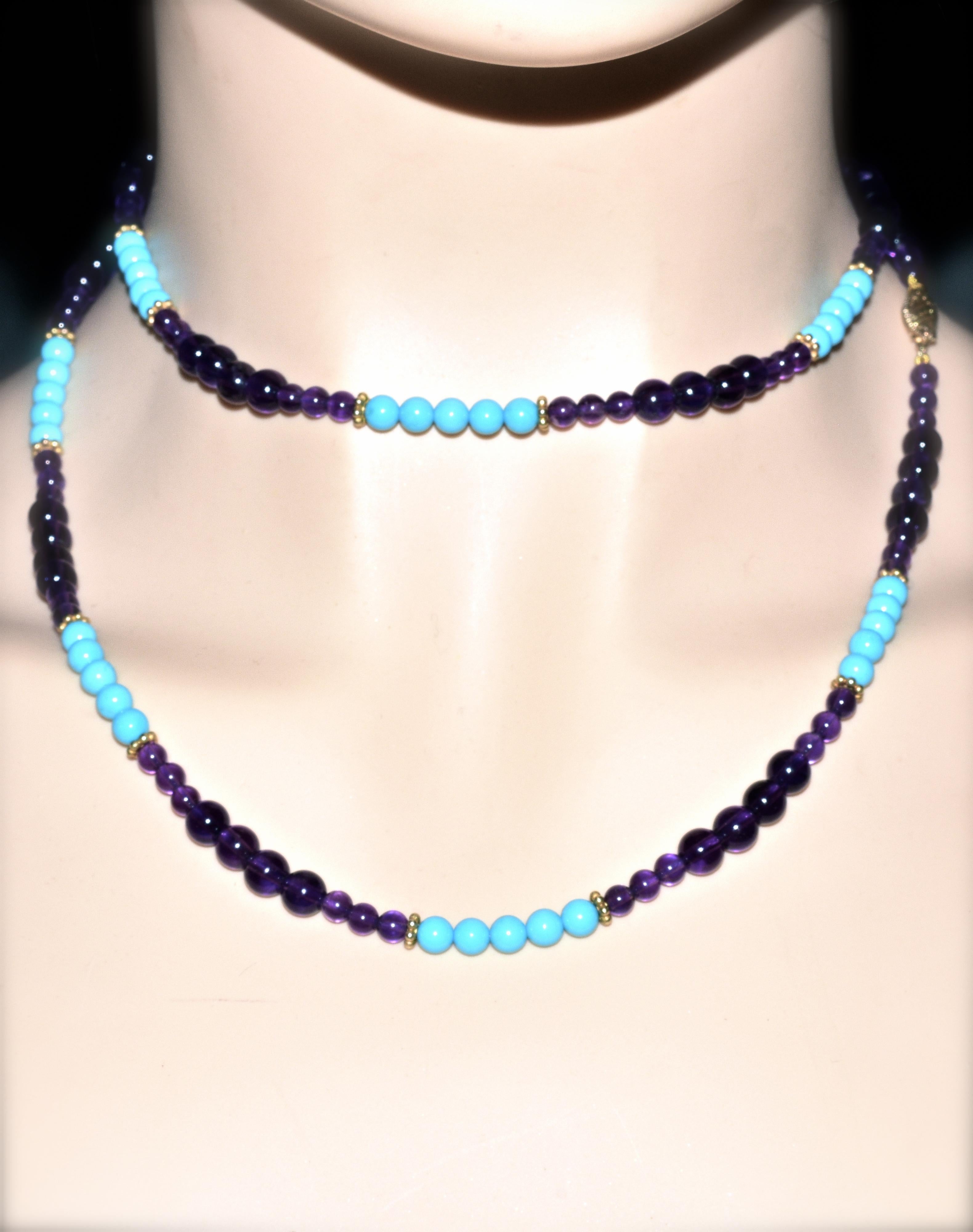 Turquoise, Amethyst, and Gold Long Necklace 2