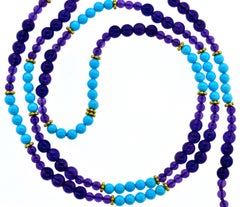 Turquoise, Amethyst, and Gold Long Necklace