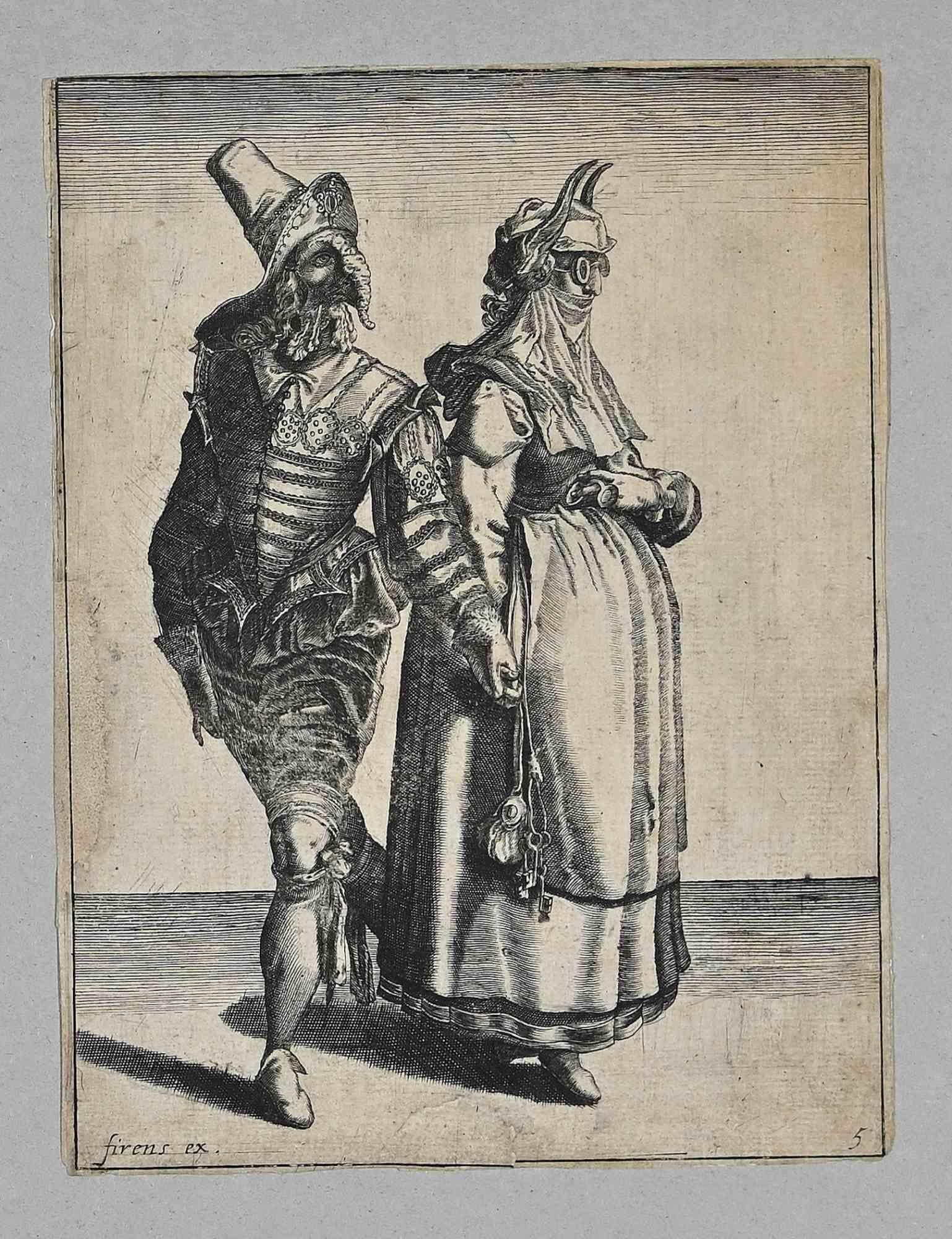 Groteske Figuren ist eine Original-Radierung von Pierre Firens aus dem frühen 17.

Es stellt zwei groteske Figuren in der Kleidung des 17. Jahrhunderts dar.

Pierre Firens (1580-1636/38) war ein flämischer Kupferstecher.