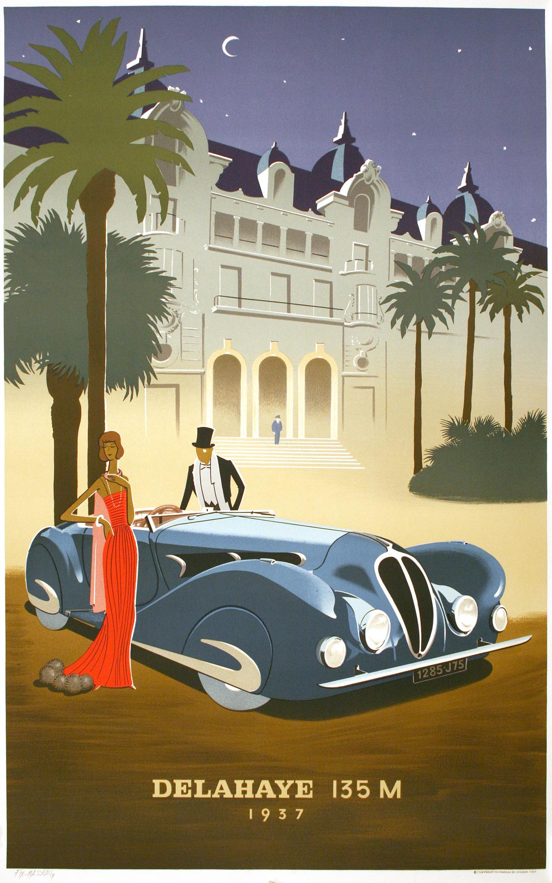Delahaye is a 1989 poster by Pierre Fix-Masseau. The artwork features the classic 1937 Delahaye model 135 M amidst the backdrop of the famous Casino de Monte-Carlo. This poster commemorates the 1937 Monte-Carlo Rally, at which a competition version