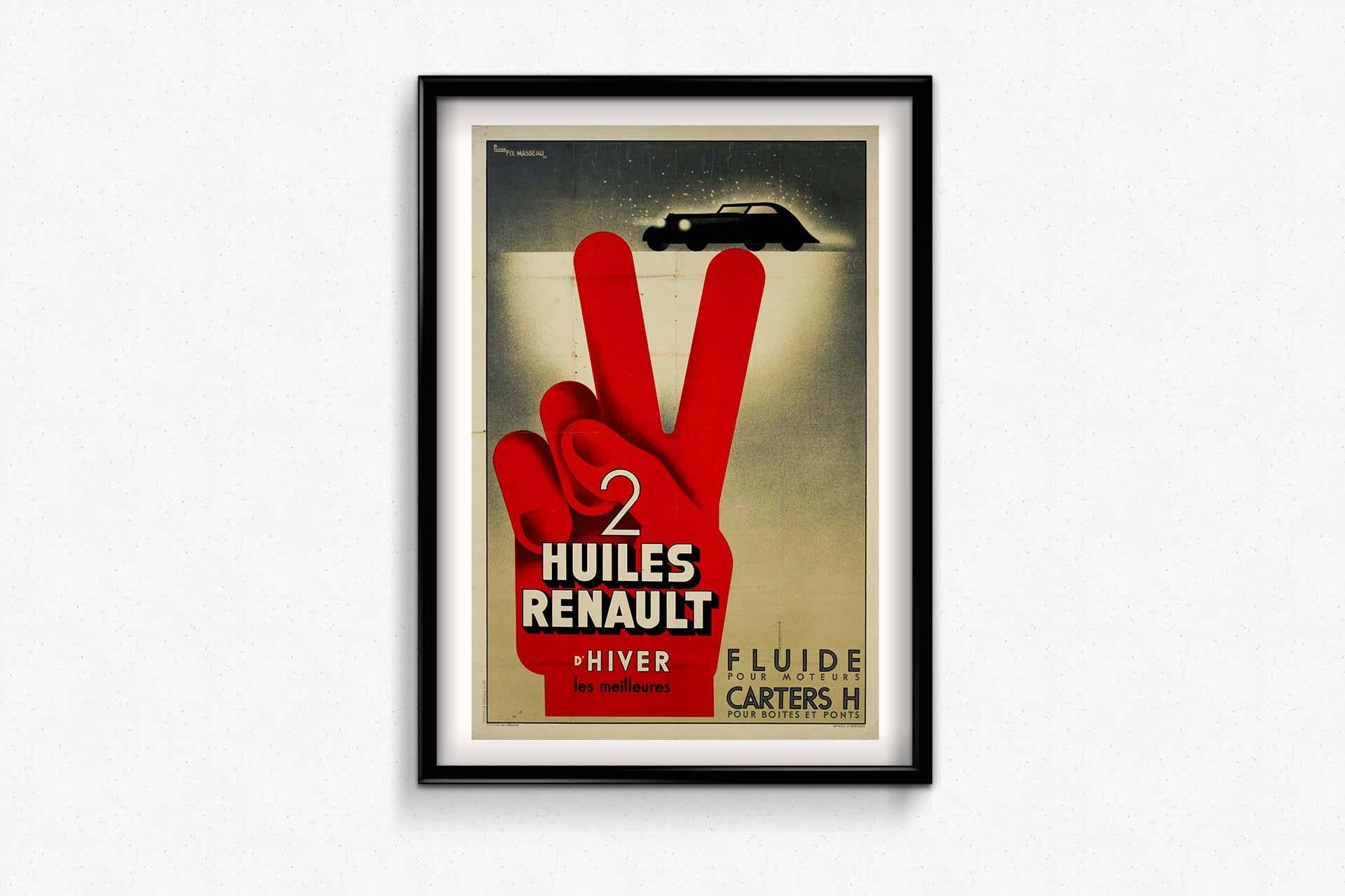 1934 original poster by Pierre Fix-Masseau 2 Huiles Renault d'Hiver For Sale 1