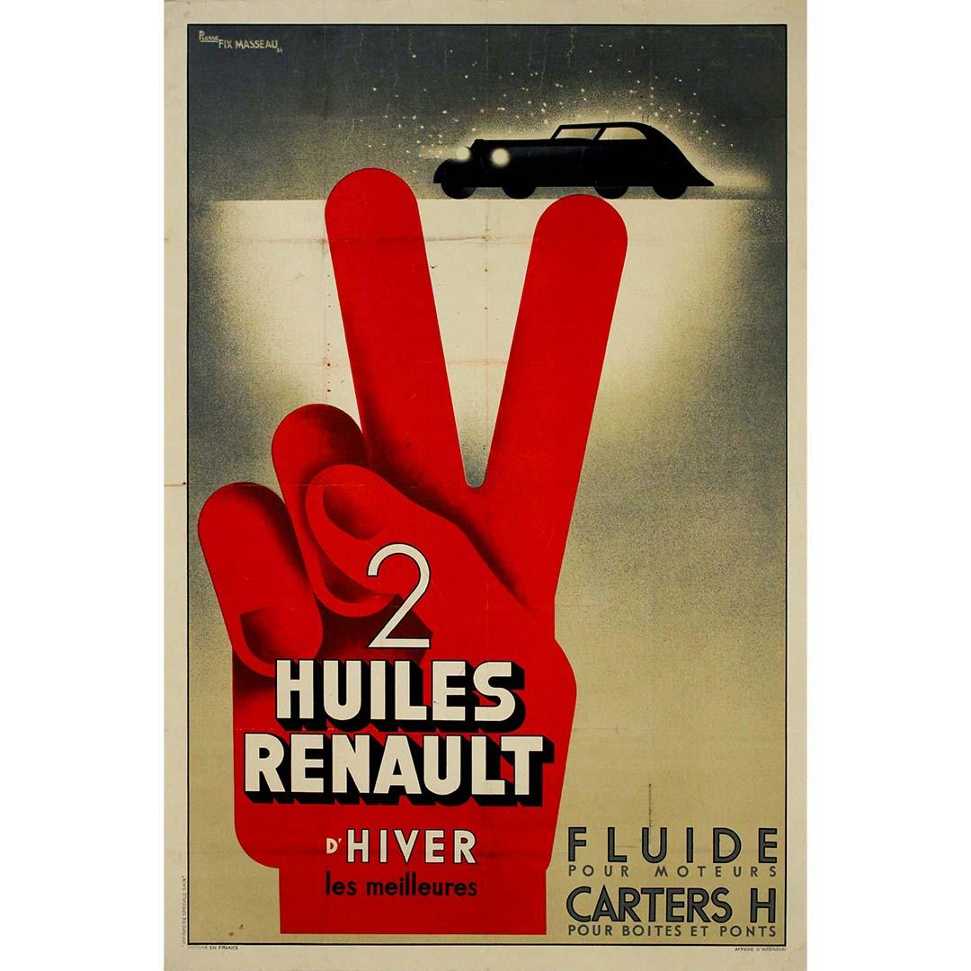 L'affiche originale de 1934, réalisée par Pierre Fix-Masseau, témoigne de l'art de l'époque et de l'esprit d'innovation de Renault. Intitulée "2 Huiles Renault d'Hiver", cette affiche est une symphonie visuelle célébrant l'excellence des huiles