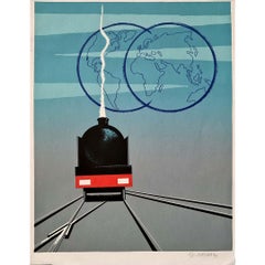 1990 original screenprint by Pierre Fix-Masseau, titled "Train et Globes"