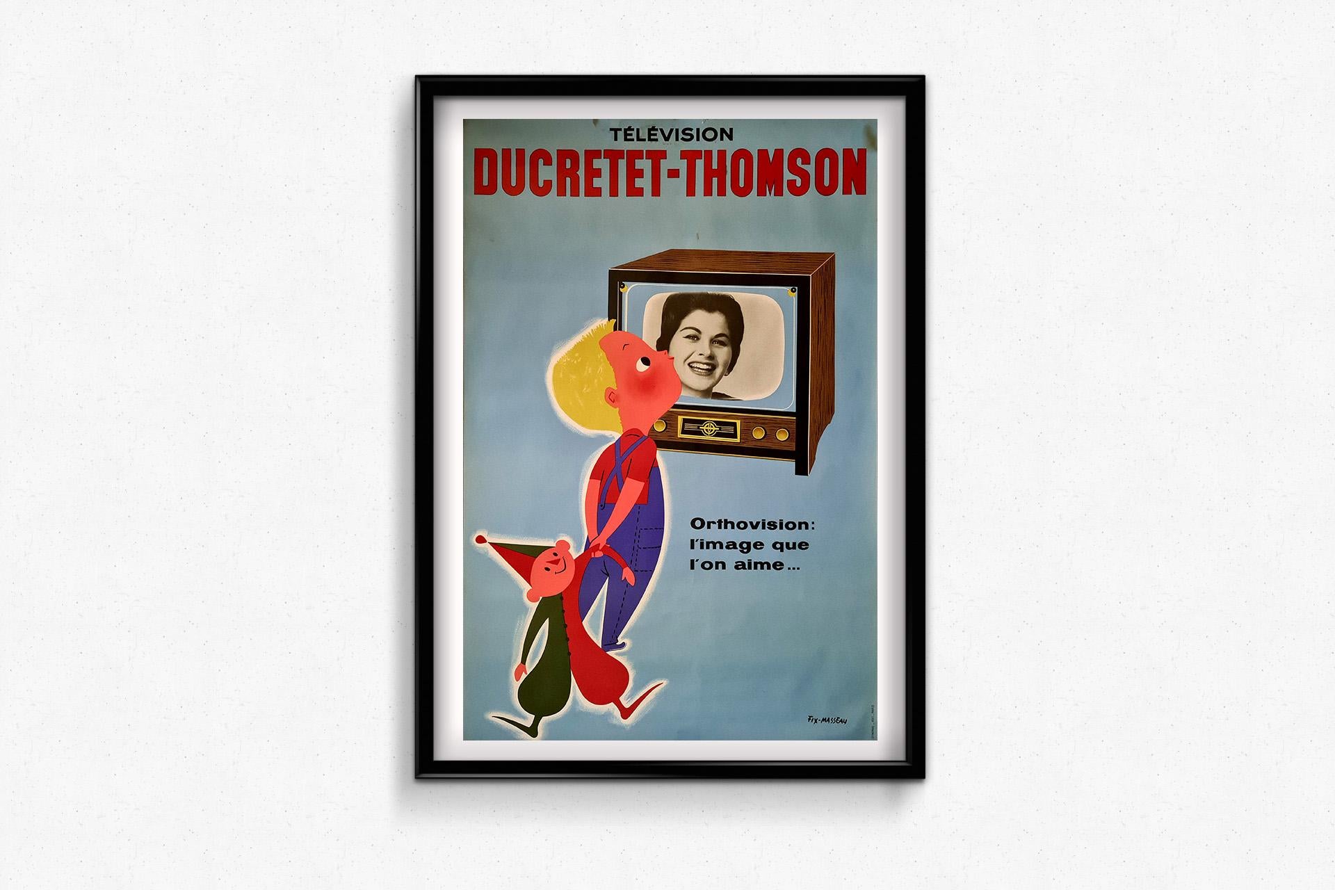 Questo vivace manifesto originale degli anni '60, disegnato da Fix-Masseau, cattura lo spirito ottimista della cultura consumistica del dopoguerra attraverso la sua affascinante promozione dei televisori Ducretet-Thomson. Con colori vivaci e