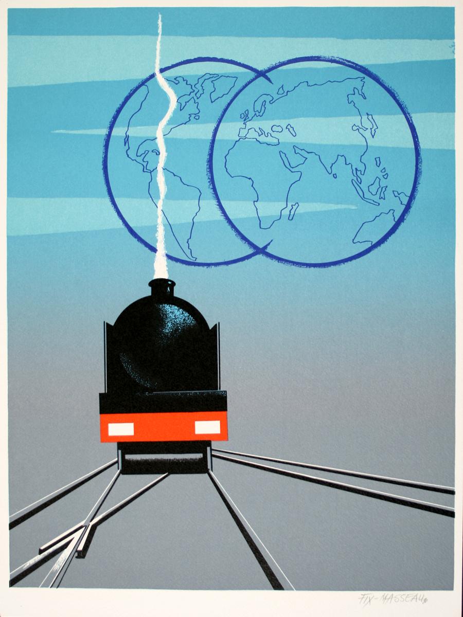 Train and Globes is a 1990 print by art deco artist Pierre Fix Masseau. The artwork was a unique design commissioned for a marketing event in 1990. The event had a "global networking" theme which Fix Masseau incorporated into his design in the form