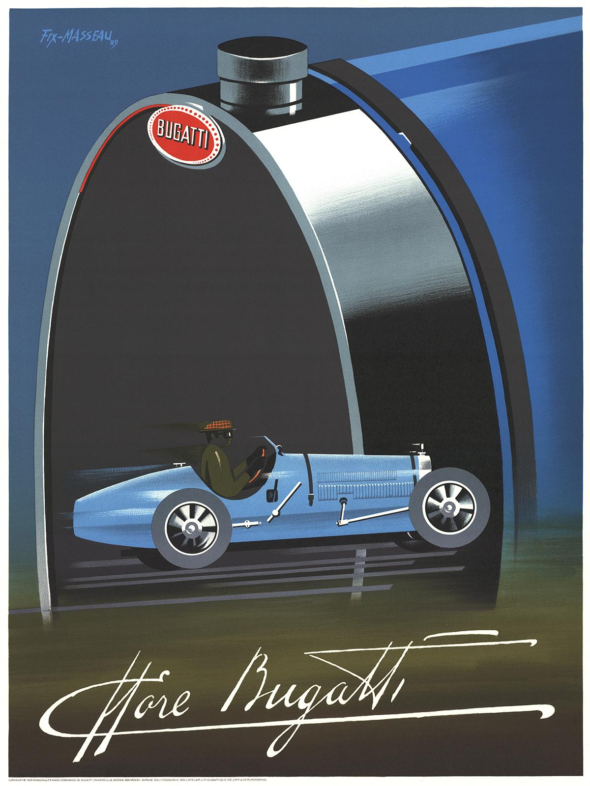 Pierre Fix-Masseau-Bugatti-31.5" x 23.5"-Lithograph-1989-Art Deco-Blue, Green, Black-retro, vintage, car, blue, race, drive, tour
