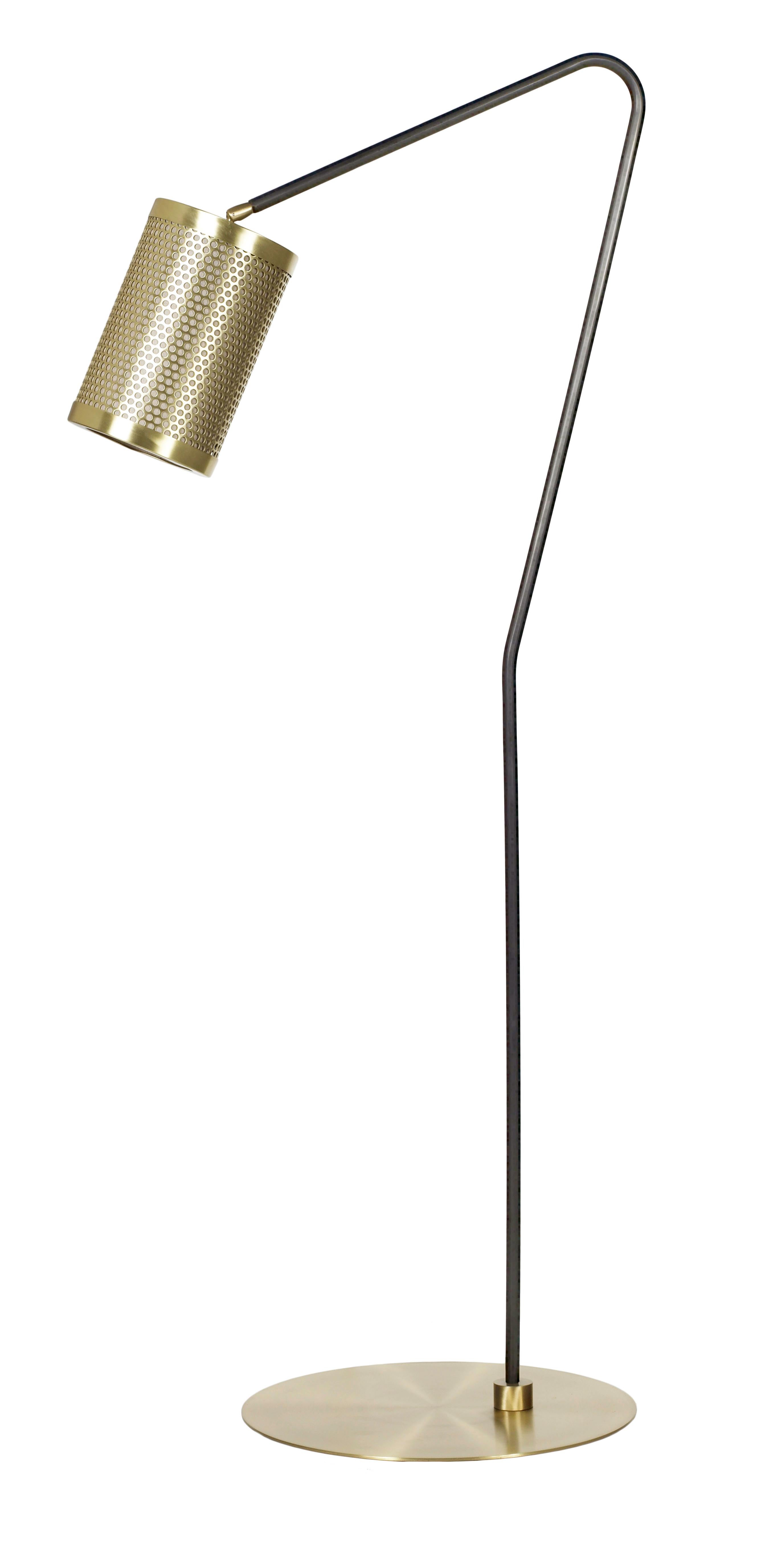 Pierre floor lamp by CTO Lighting
Materials: Bronze with satin brass base, satin brass perforated drum shade
Dimensions: H 141 x W 58 cm 

All our lamps can be wired according to each country. If sold to the USA it will be wired for the USA for