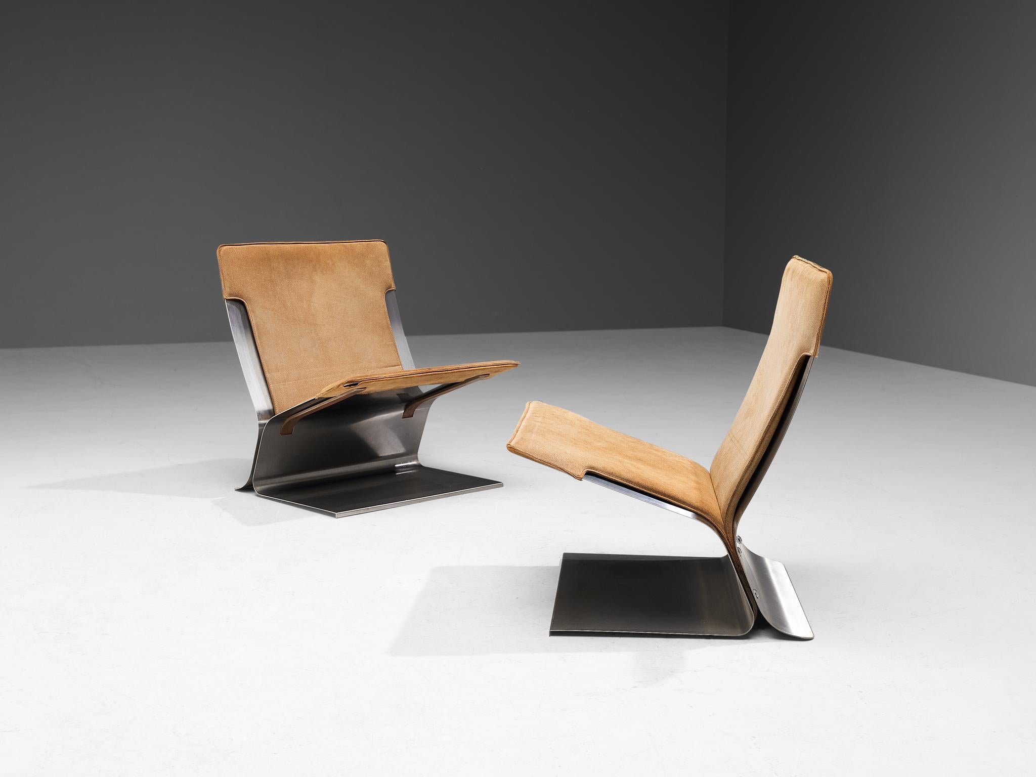 Pierre Folie for Jacques Charpentier, pair of 'Chauffeuse' lounge chairs, suede, stainless steel, France, circa 1973

Throughout the sixties and seventies, French designers experimented with the elasticity of stainless steel, among others Michel