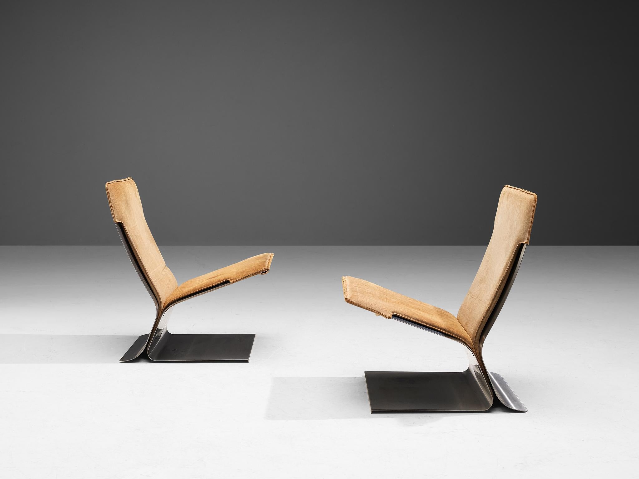 Stainless Steel Pierre Folie for Jacques Charpentier 'Chauffeuse' Pair of Lounge Chairs 