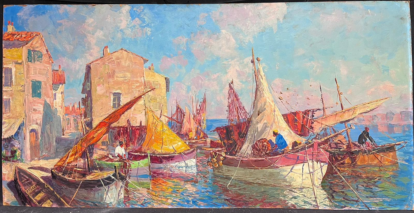 Boats in St. Tropez Harbour Huge 1950's French Post Impressionist Signed Oil  - Painting by Pierre Forest