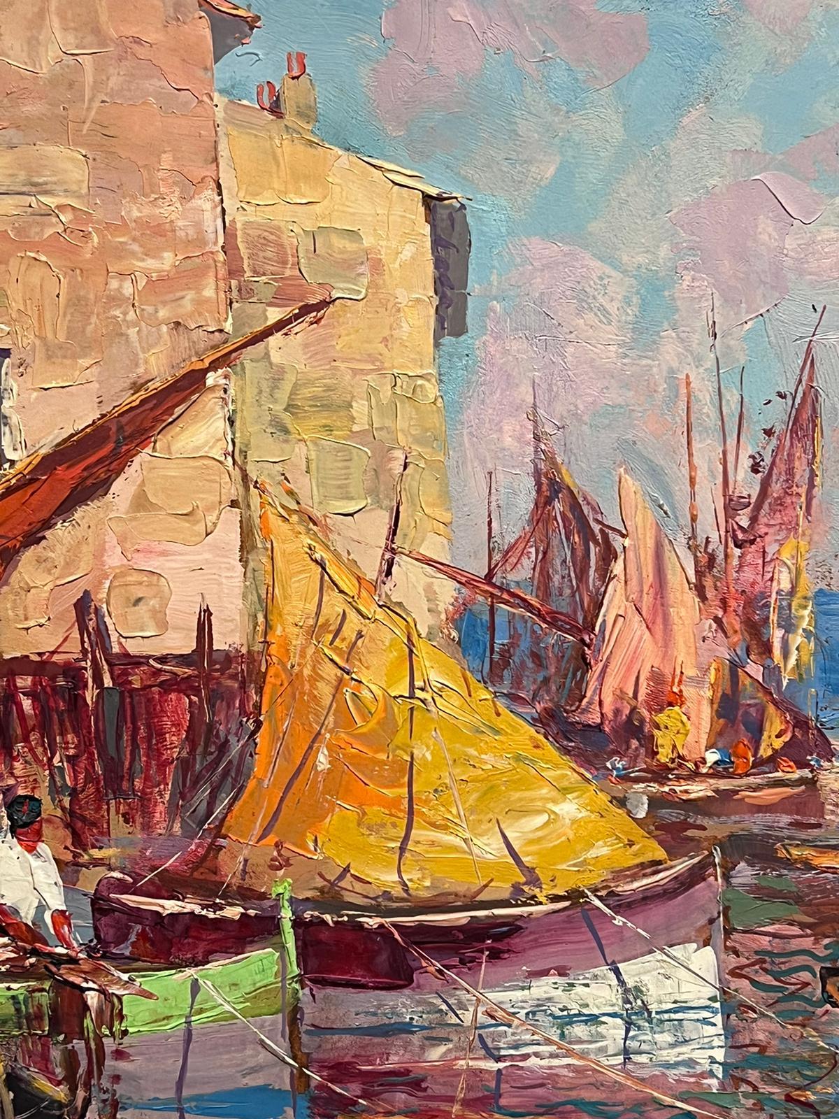 Boats in St. Tropez Harbour Huge 1950's French Post Impressionist Signed Oil  - Brown Figurative Painting by Pierre Forest