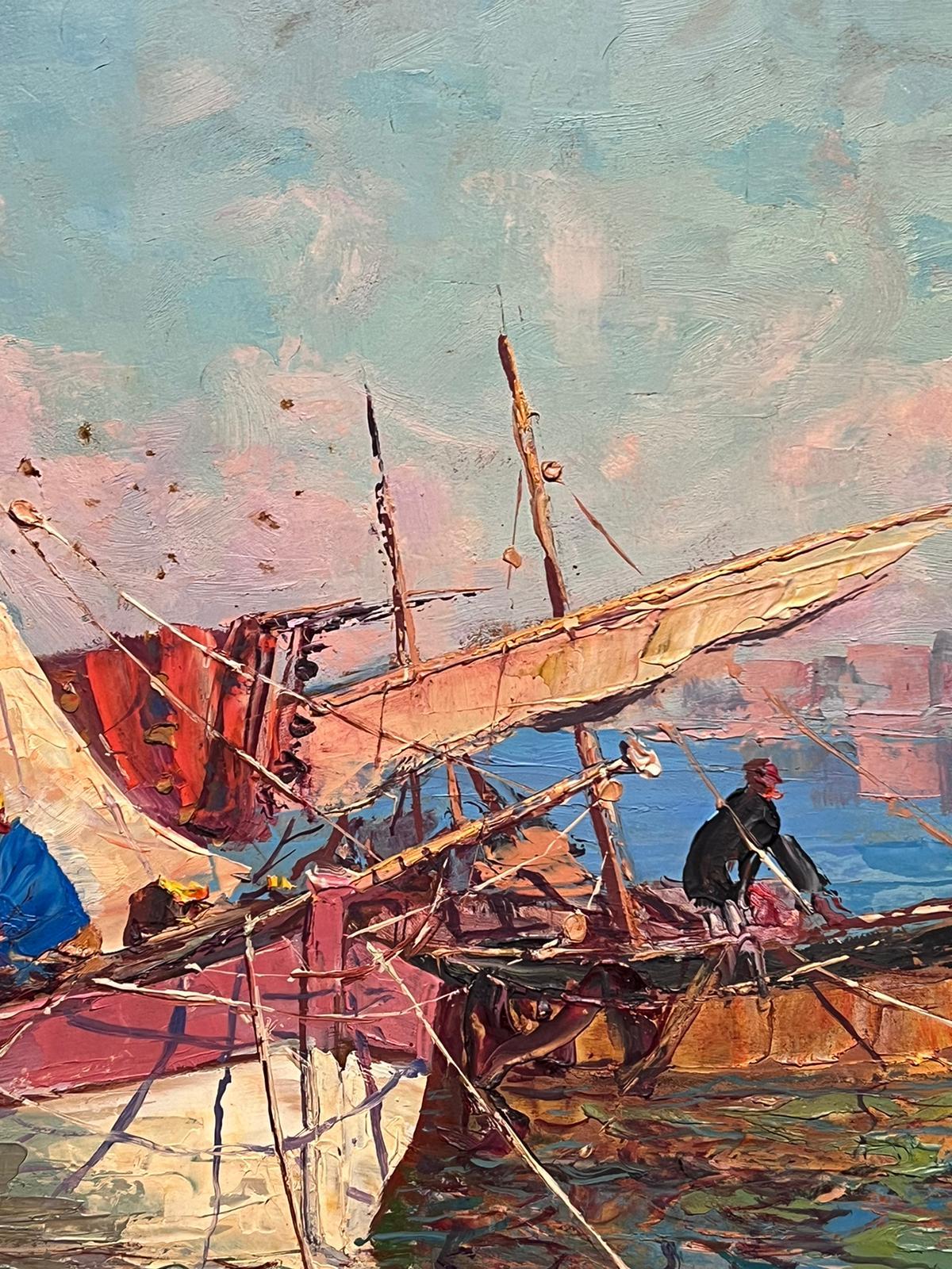 Boats in St. Tropez Harbour Huge 1950's French Post Impressionist Signed Oil  1