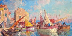 Boats in St. Tropez Harbour Huge 1950's French Post Impressionist Signed Oil