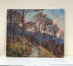 French Impressionist Signed Oil Pink Sky Sunset over Woodland Pathway