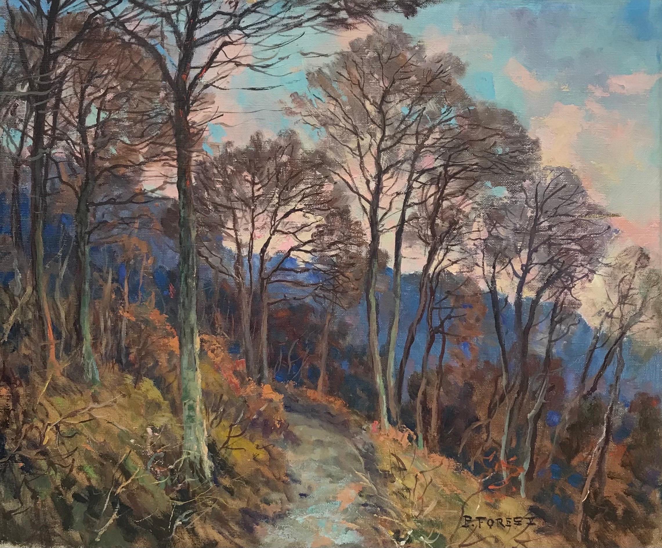 Pierre Forest Landscape Painting – Französisch-impressionistisches Ölgemälde, rosa Himmelsuntergang über Waldweg, signiert