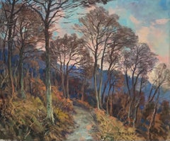 French Impressionist Signed Oil Pink Sky Sunset over Woodland Pathway