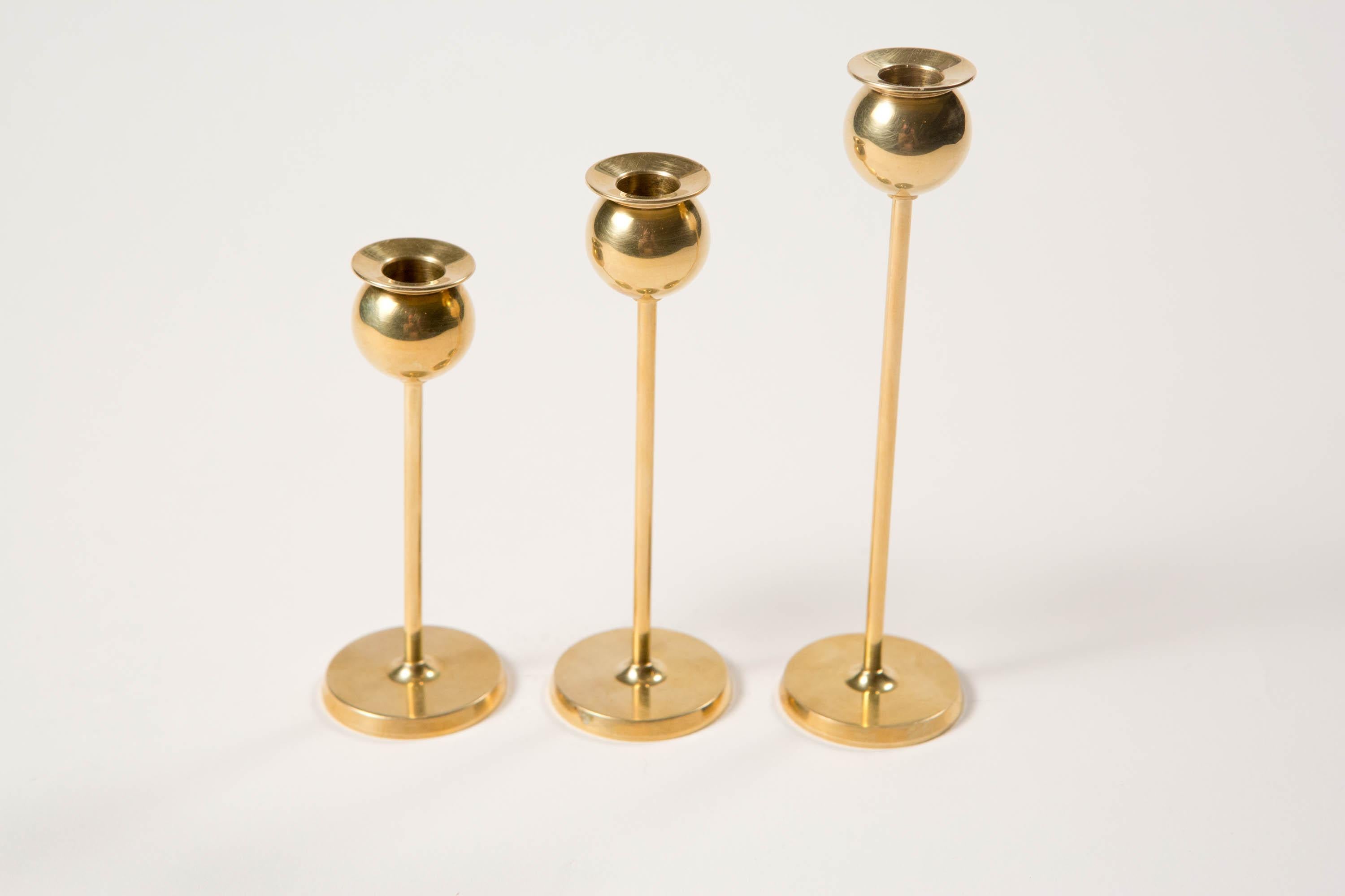 Scandinavian Modern Pierre Forsell Set of 3 Small Brass Tulip Candleholders -  Skultuna Sweden 1970s