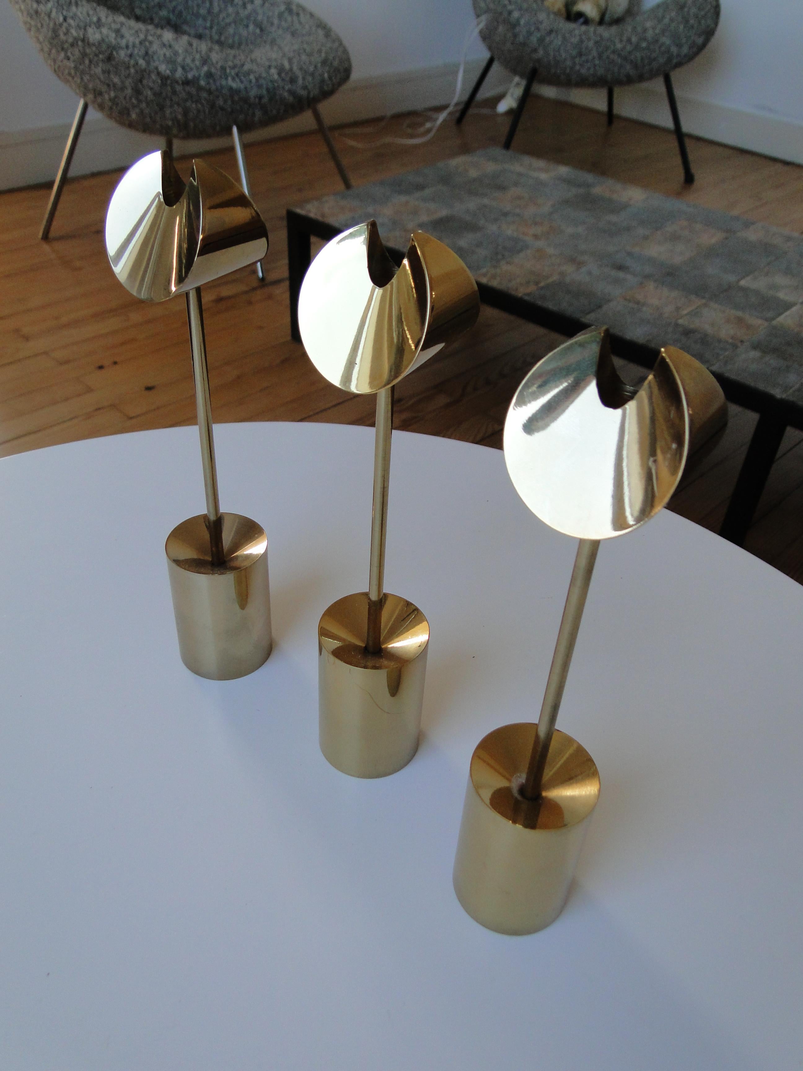 Mid-Century Modern Pierre Forssell 3 Candlesticks in Brass Produced by Skultuna in Sweden