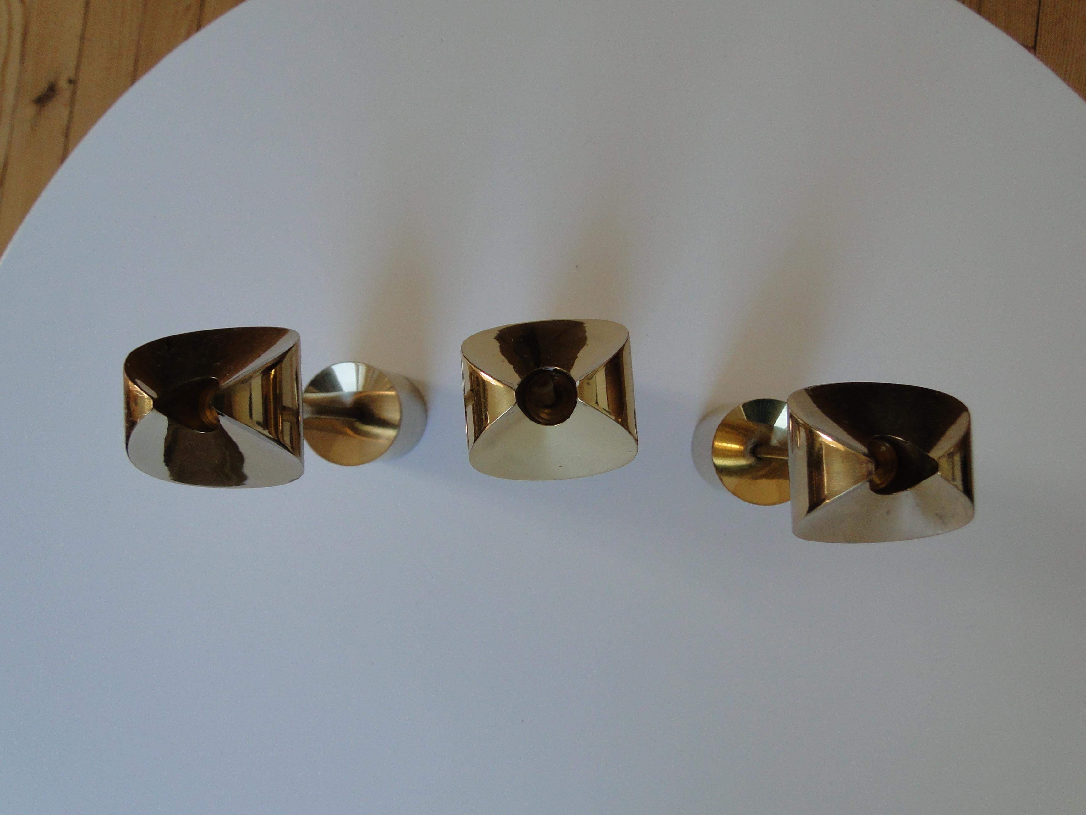 Swedish Pierre Forssell 3 Candlesticks in Brass Produced by Skultuna in Sweden