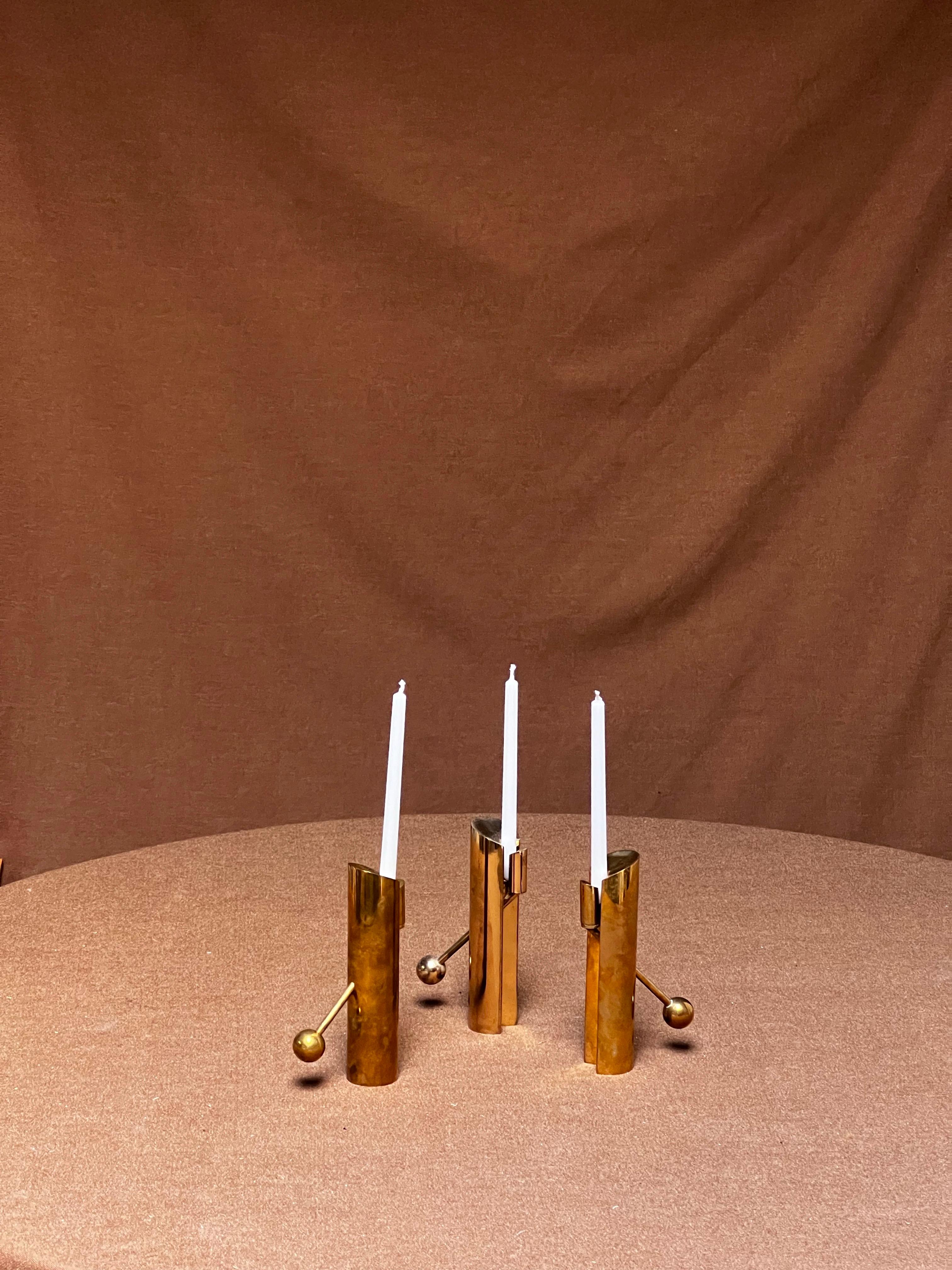 Scandinavian Modern Pierre Forssell Brass Candleholders Made by hand in Skultuna Sweden. Brancusi For Sale