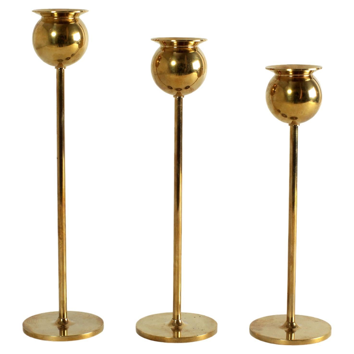 Pierre Forssell Set of Three Brass Tulip Candlesticks from Skultuna Sweden 1970 For Sale