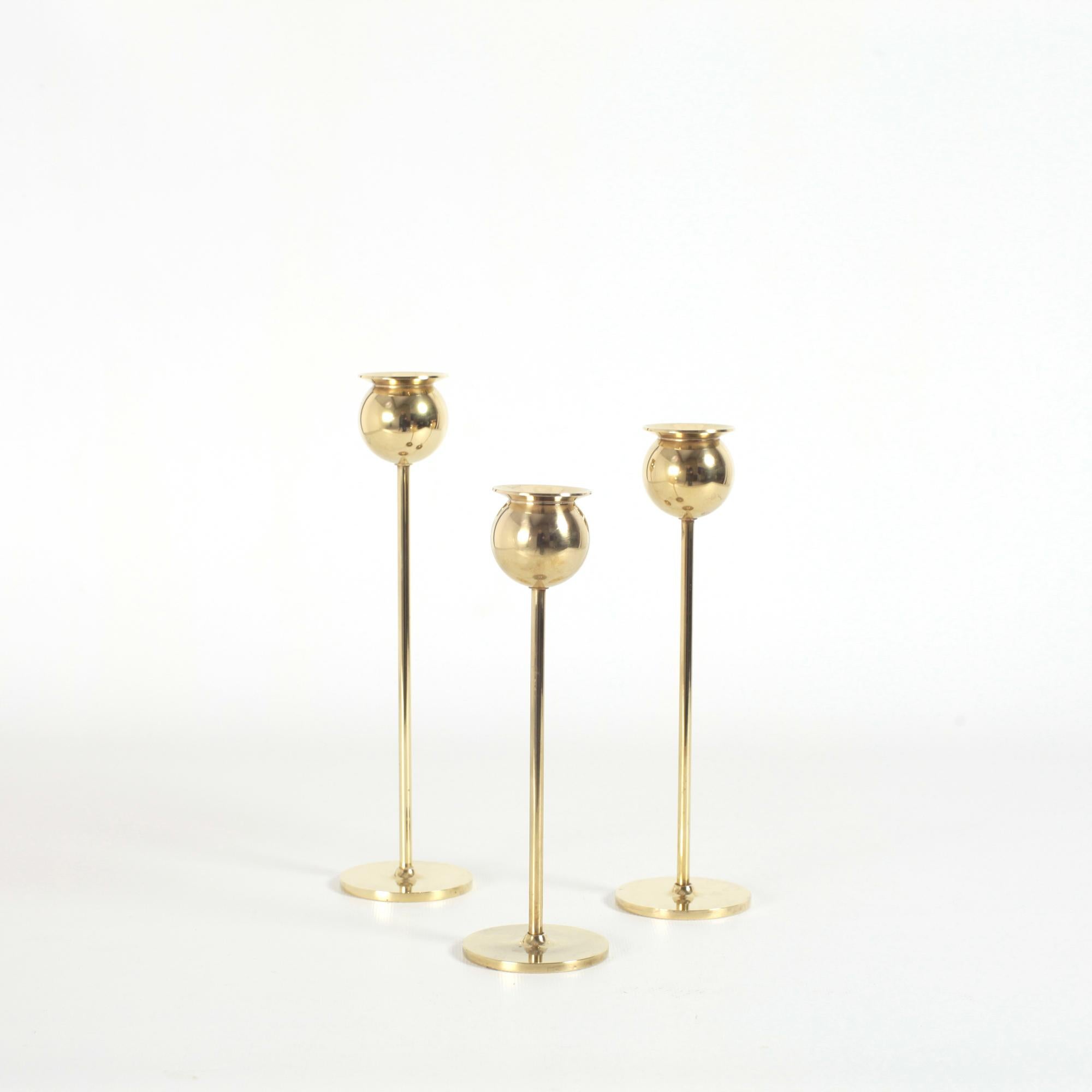 Scandinavian Modern Pierre Forssell Set of  three Brass Tulip candlesticks from Skultuna sweden
